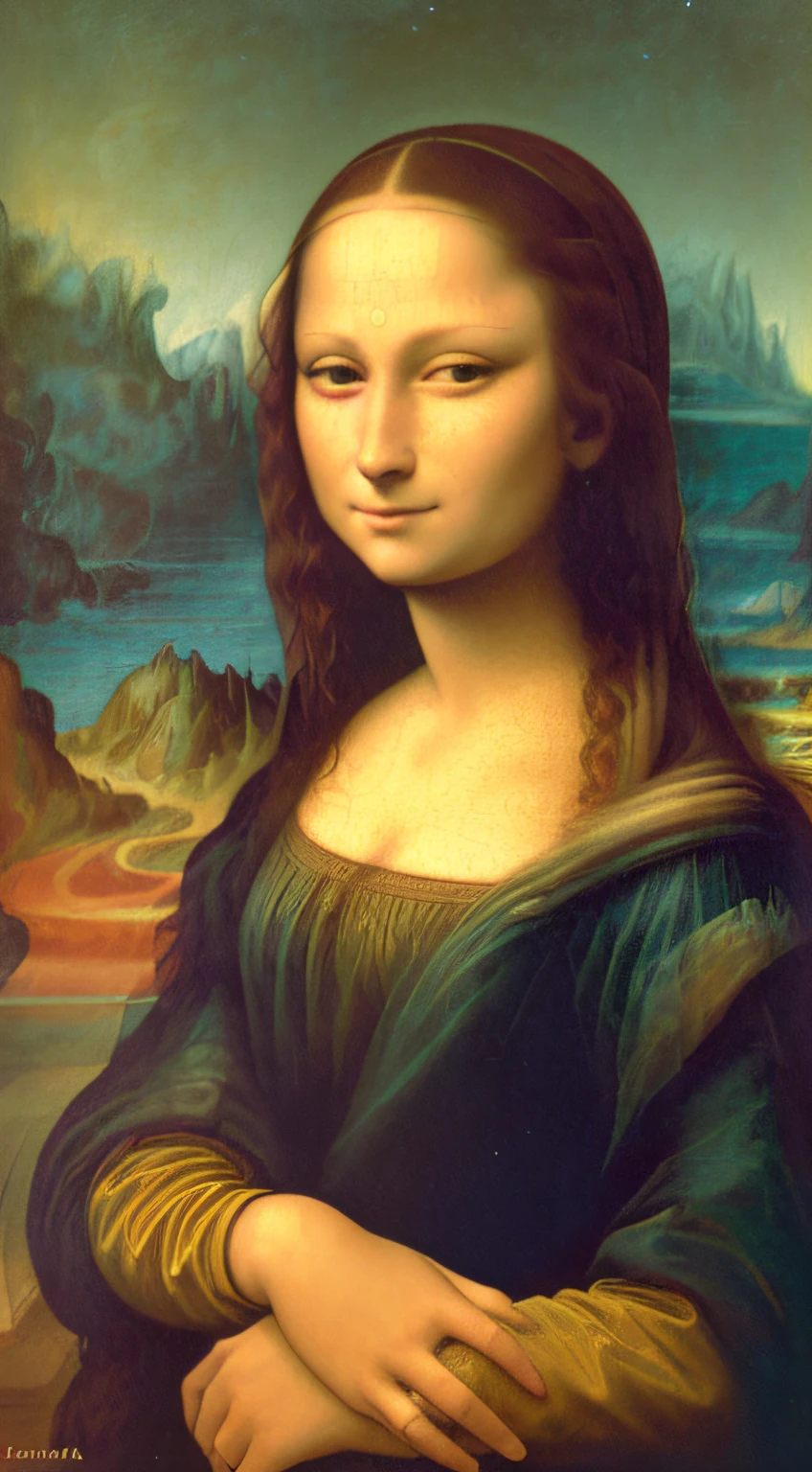 Mona Lisa Portrait, 1980s anime world by Paul Lehr, ((((8k)))) HD photo extremely detailed render, Sharp focus,