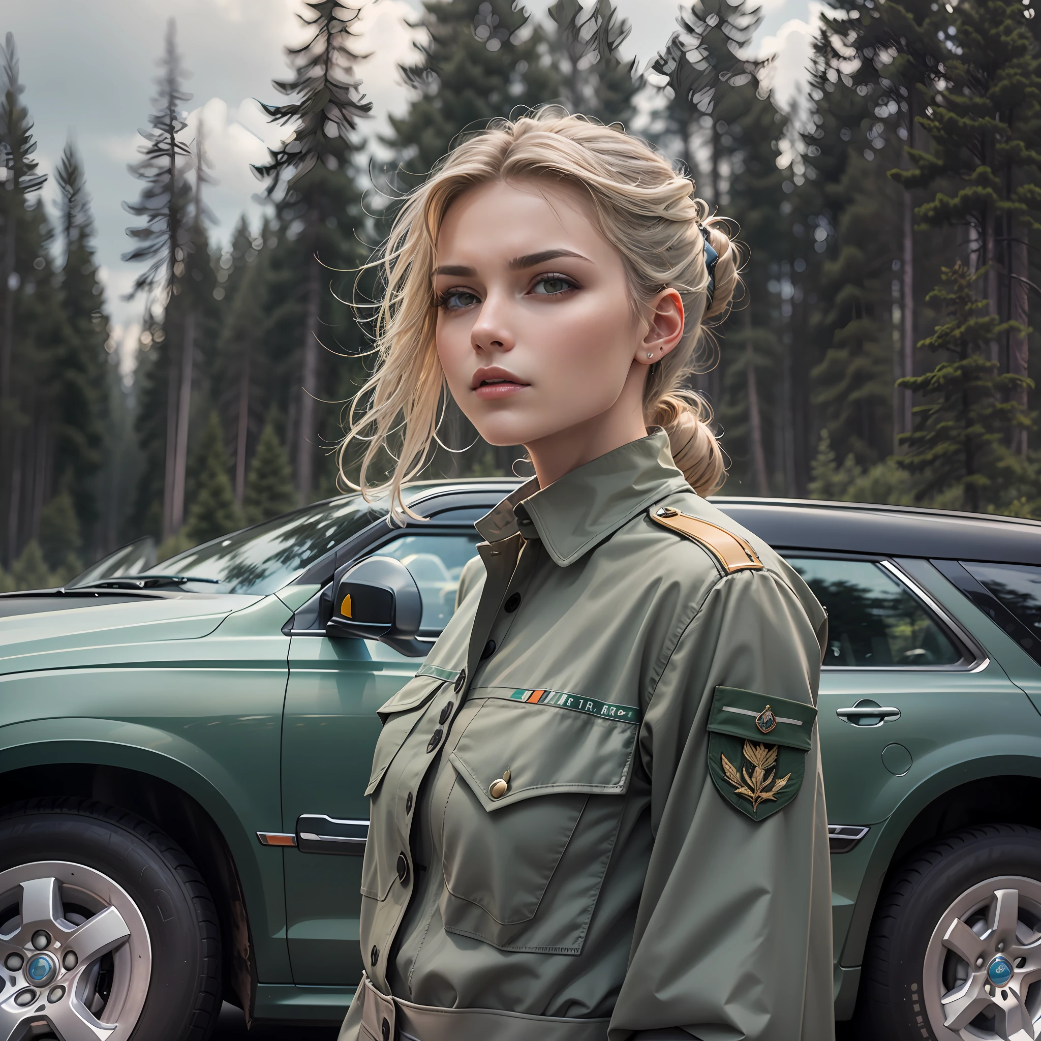 1 woman, European face, high cheekbones, pronounced cheekbones, Straight nose, Big nose, blond hair, hair up to the shoulders, closed mouth, Coniferous forest, highway, Grey company car, Service uniform, The girl leans on the car.
