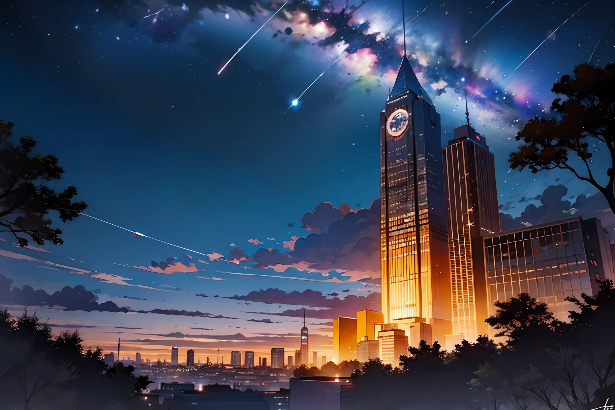 octane, sky, Star (sky), scenery, Starry sky, Night, 1girll, Night sky, Solo, Outdoors, signatures, Building, Cloud, Milky Way, Sitting, tree, florals,Long hair, City, Silhouette, Cityscape