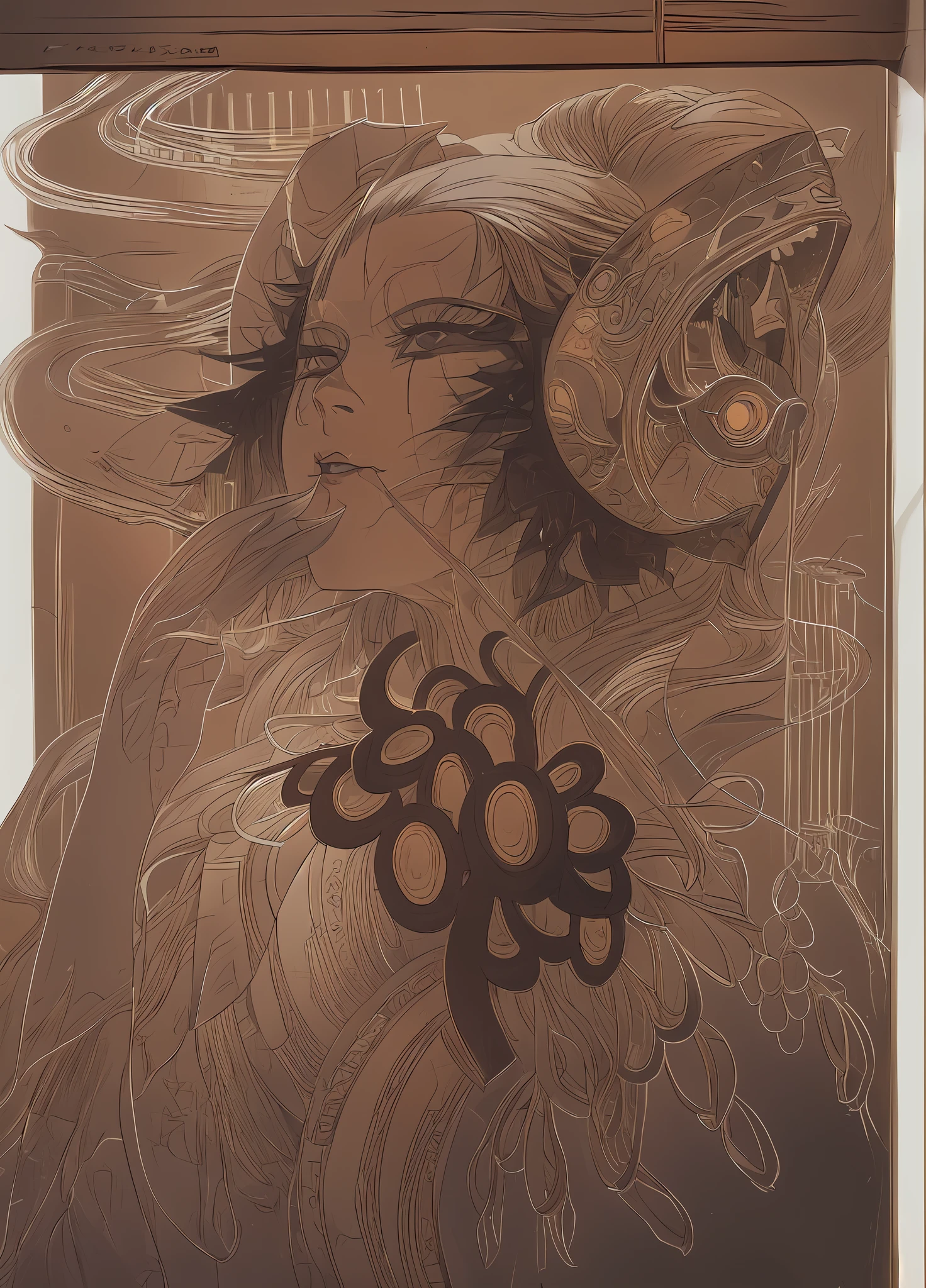 there is a drawing of a woman with a mask and a hat, goddess. extremely high detail, inspired by Yoshitaka Amano, moebius and mohrbacher, inspired by katsuya terada, insanely detailed linework, girl design lush horns, sketchbook drawing, artbook artwork, extremely detailed goddess shot, inspired by Masamune Shirow,masterpiece, best quality, (extremely detailed CG unity 8k wallpaper), (best quality), (best illustration), (best shadow), absurdres, realistic lighting, (Abyss), beautiful detailed glow