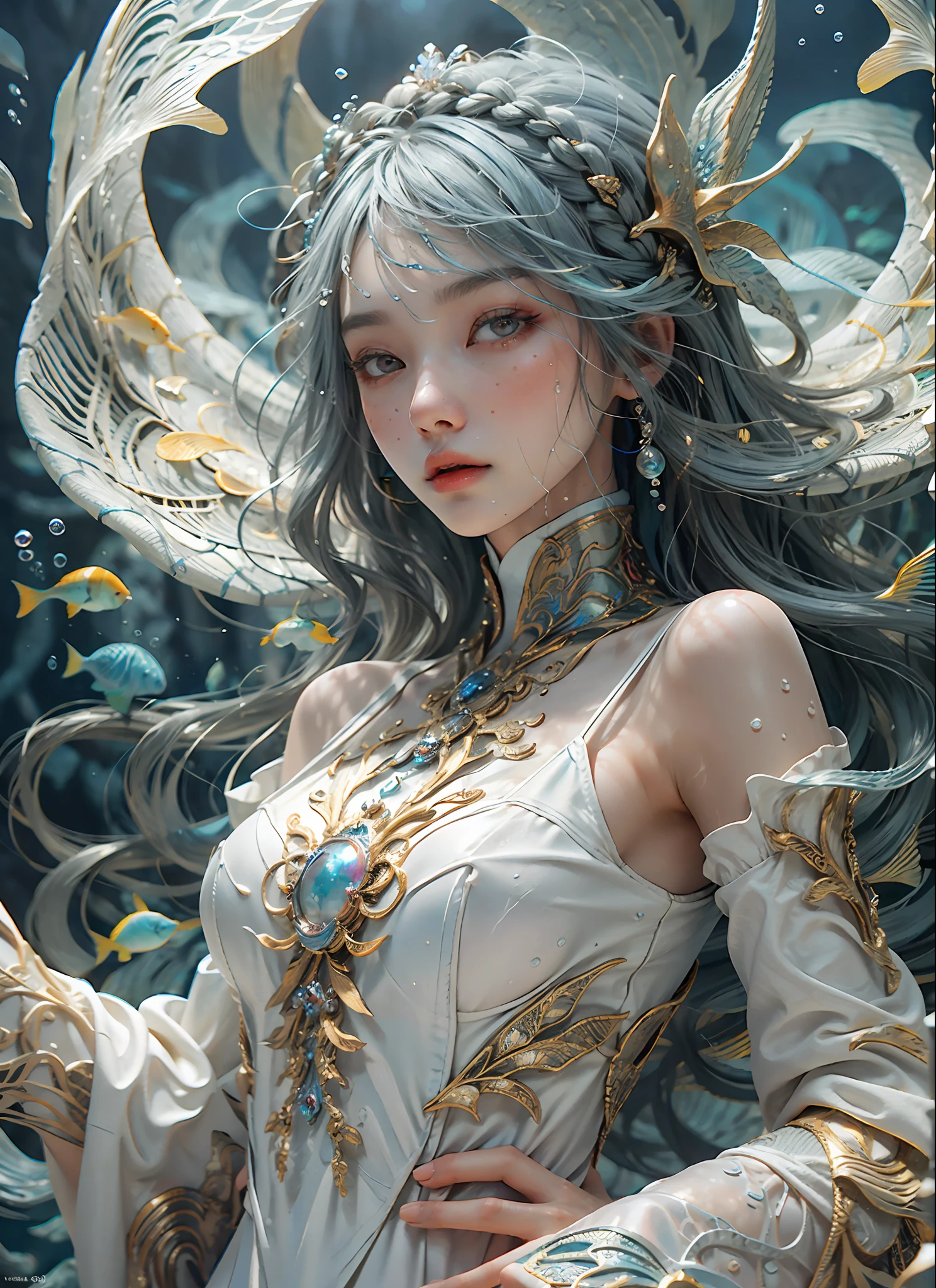 girl, 18 years old, small breast, wearing white dress, Flowing robes, detailed dress ornament, flowing hair, glowing hair, hair ornament, light on face, intricate magical circles, glowing runes, shimmering aura, intense focus, arcane incantations, crackling energy, levitating artifacts, ethereal staff, swirling mist, sparkling motes, mystical crystals, glowing sigils, intricate hand movements, otherworldly chanting, mysterious symbols, powerful invocation, transcendent awareness, phoenix dress, (underwater:1.8), (white dress, Iridescent rainbow hair:1.55), (((water bubbles, colorful fish, beautiful coral life))), (detailed fabric, detailed ornament:1.4), fantasy, Haircut model by Side braid, possed is Lying down pose, sharp green, shooting angle is Rim lighting shot, time is Rim Light, BREAK hyper realistic, intricate design, insanely detailed, extremely fine details, Extremely sharp lines, cinematic lighting, Photo realistic, a detailed painting by Esao Andrews and Anton Fadeev, Raw photo, high detailed, 8k, UHD, dslr, softlighting, HDR, warm light, high quality, film grain, fujifilm XT3, photorealistic, masterpiece, best quality, hyper-detailed, 8K, warm lighting, soft lighting, masterpiece, best quality, detailed, highest quality, ultra detailed, highres, cinematic light, splendid and colorful, out of focus, RAW photograph, art portrait, absurdres, high contrast, colorful, highest details,