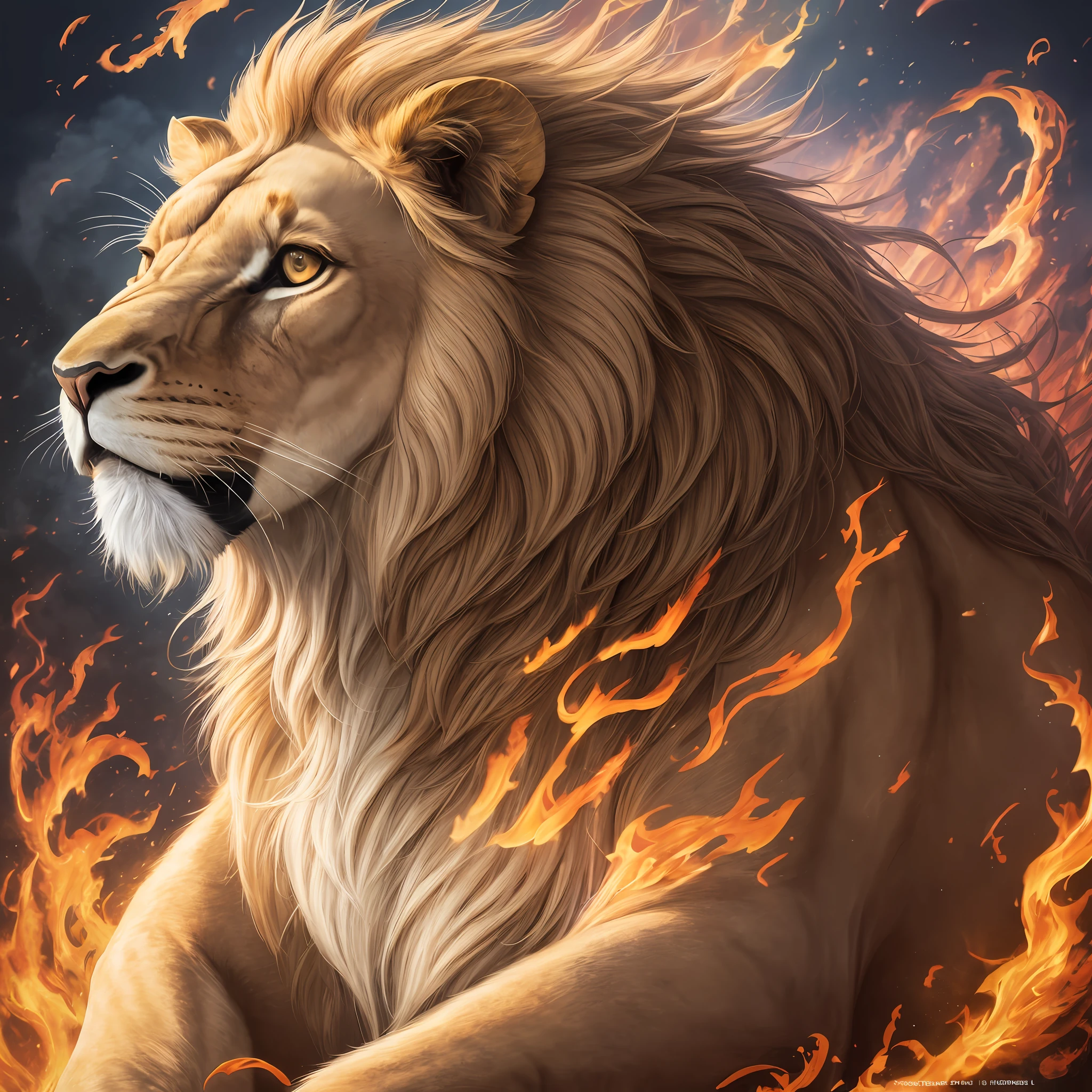 Image of Arafard's lion in flames, mythological beasts, mythological creatures, Golden Lion(Gold armor), Realistic fantasy illustration, highly detailed digital artwork, best on adobe stock, author:Howard Lyon, mythological creatures, Highly detailed digital art, a mythical creature, high detailed official artwork, digital painting highly detailed, 4k highly detailed digital art, Leo --auto