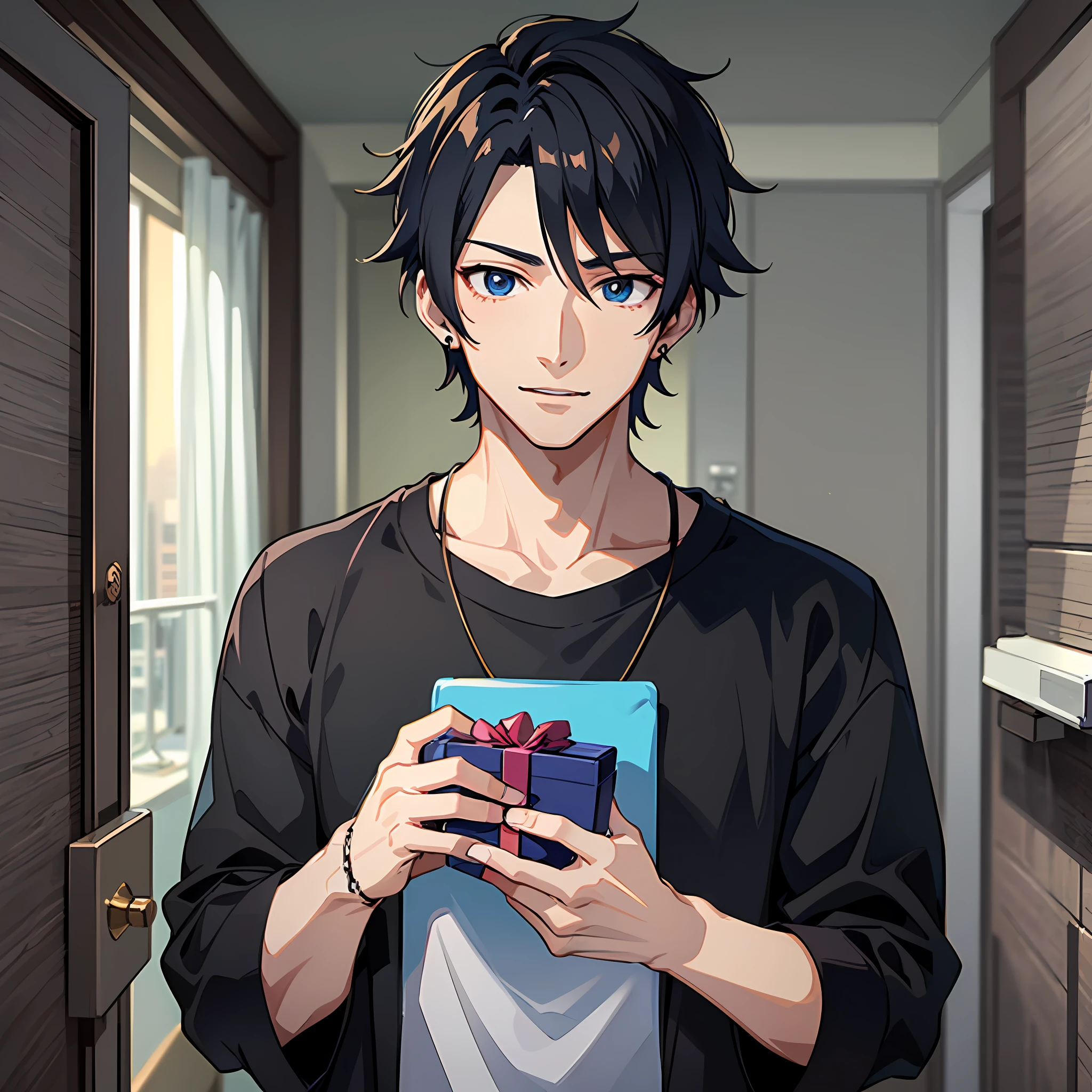 Anime character standing in white T-shirt at bathroom door,Tall anime man with blue eyes,(Holding the gift box in both hands:2),ssmile,young anime man,Anime handsome man,Anime portrait of a handsome man,anime moe art style,Male anime style,inspirado em Okumura Masanobu,male anime character,Anime boys,High Quality Anime Art Style,Handsome anime pose,smooth anime cg art,with short black hair,Black stud earrings