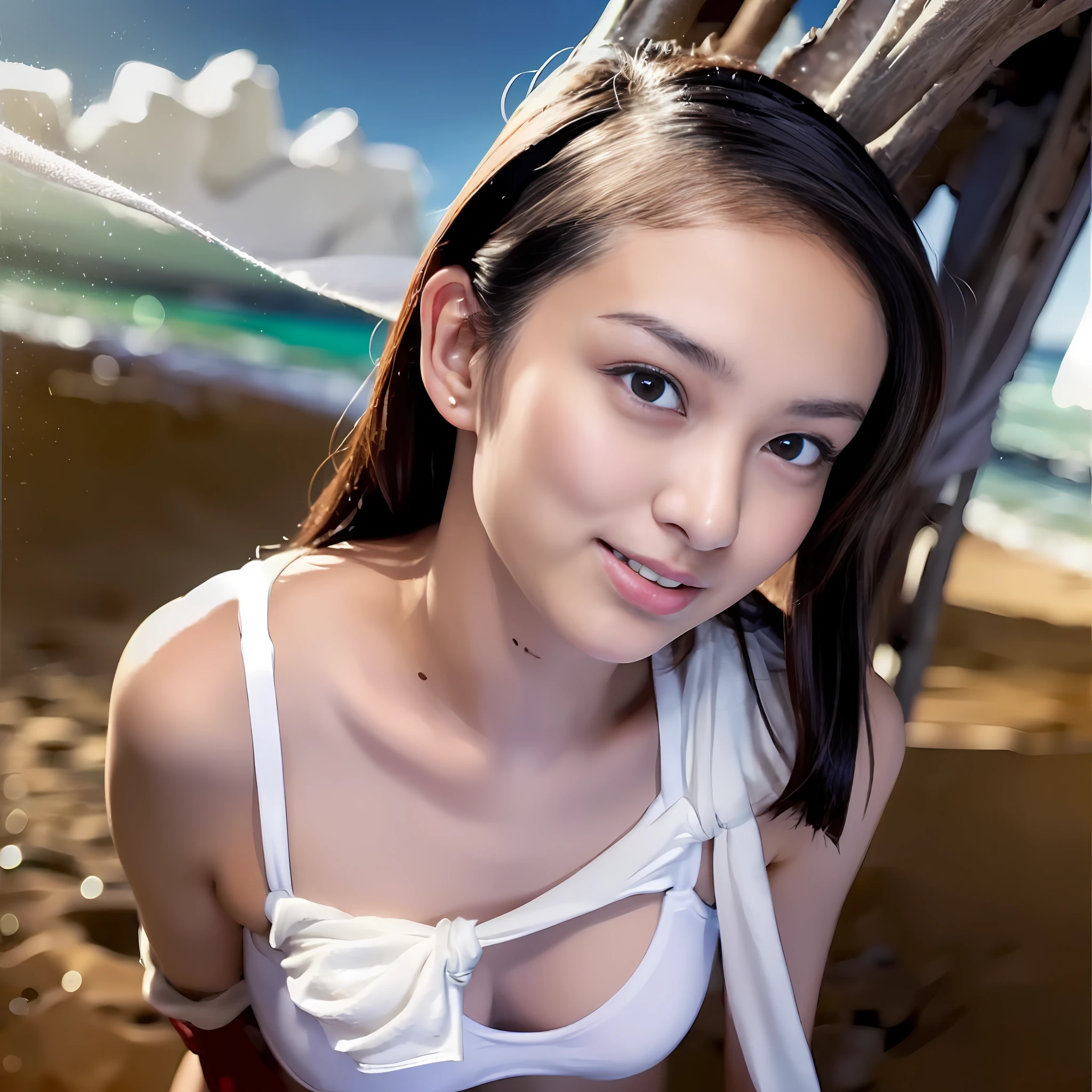 (((On the beach late at night)))、Woman in her 20s posing bewitchingly for the best photographer、((F-cup bust that is torn off))、(Leggy and slender macho)、(((The camera is low angle)))、(((A string bikini is about to bite into my crotch)))、(((kneel with one leg wide open)))、(Open your armpits wide)、(Show white teeth, Look up and laugh out loud.)、((Wearing a small white and thin bikini that cannot hide her breasts))、((Slender macho snug waist))、(hime_cut_Hairstyle:1.3)、((Perfect vertical navel))、4k wallpaper、hight resolution、masutepiece、((85mm aperture 1.0))、Cap:1.3、((Hasselblad photo))、Fine-grained skin、((Pupil Sharp Focus))、((Cinematic Renditions))、Stormy Beach、Weak soft lighting、Sensual angle、[:(A detailed face:1.2):0.2]、perfect anatomia、:1.1