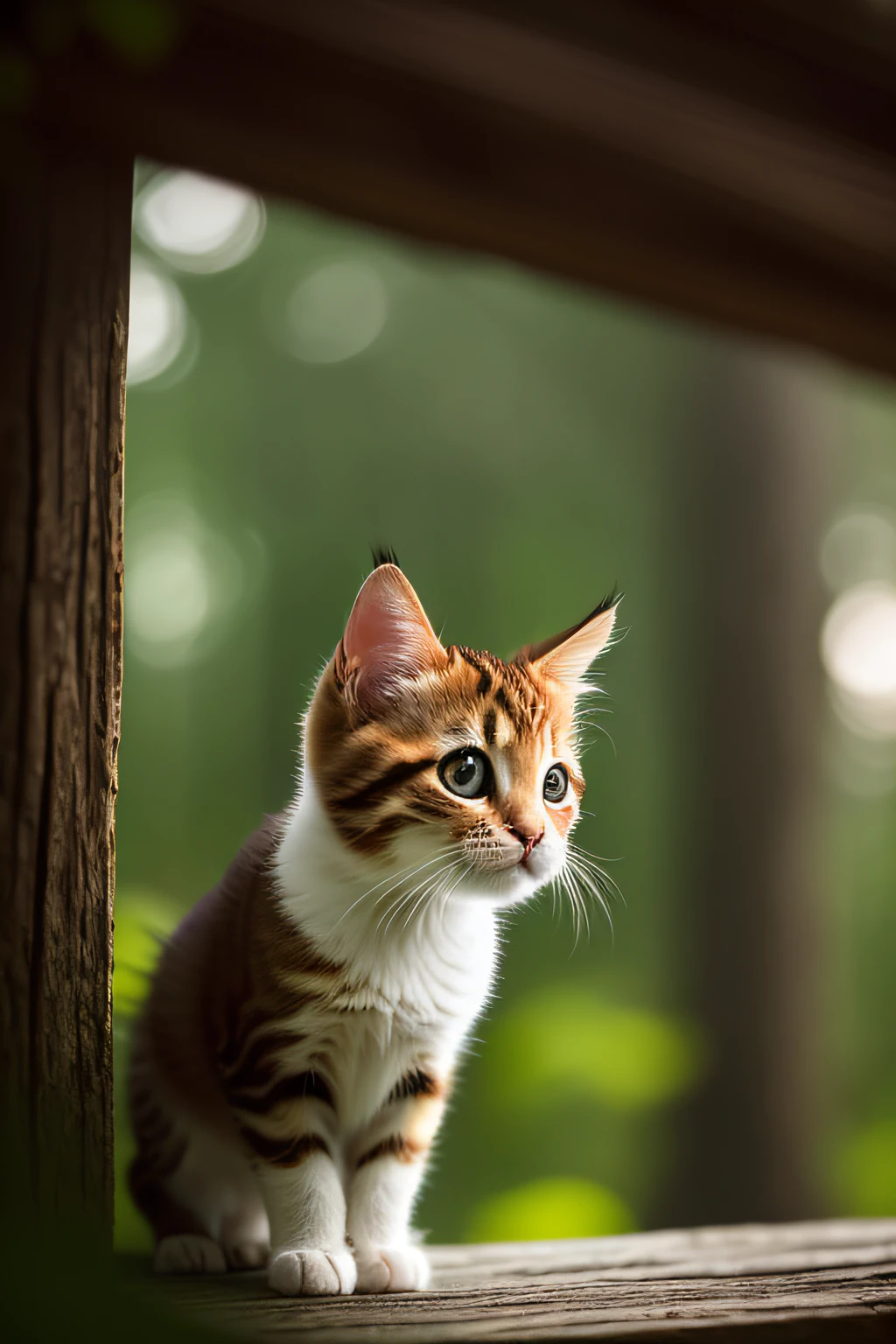Close up photo of a very cute jumping kitten in the forest,looking at the camera in,Soft volumetric light,(The light from the back window is backlighted:1.3),(cinematic ligh:1.2),Complicated details,(ArtStation:1.3),Rutkowski