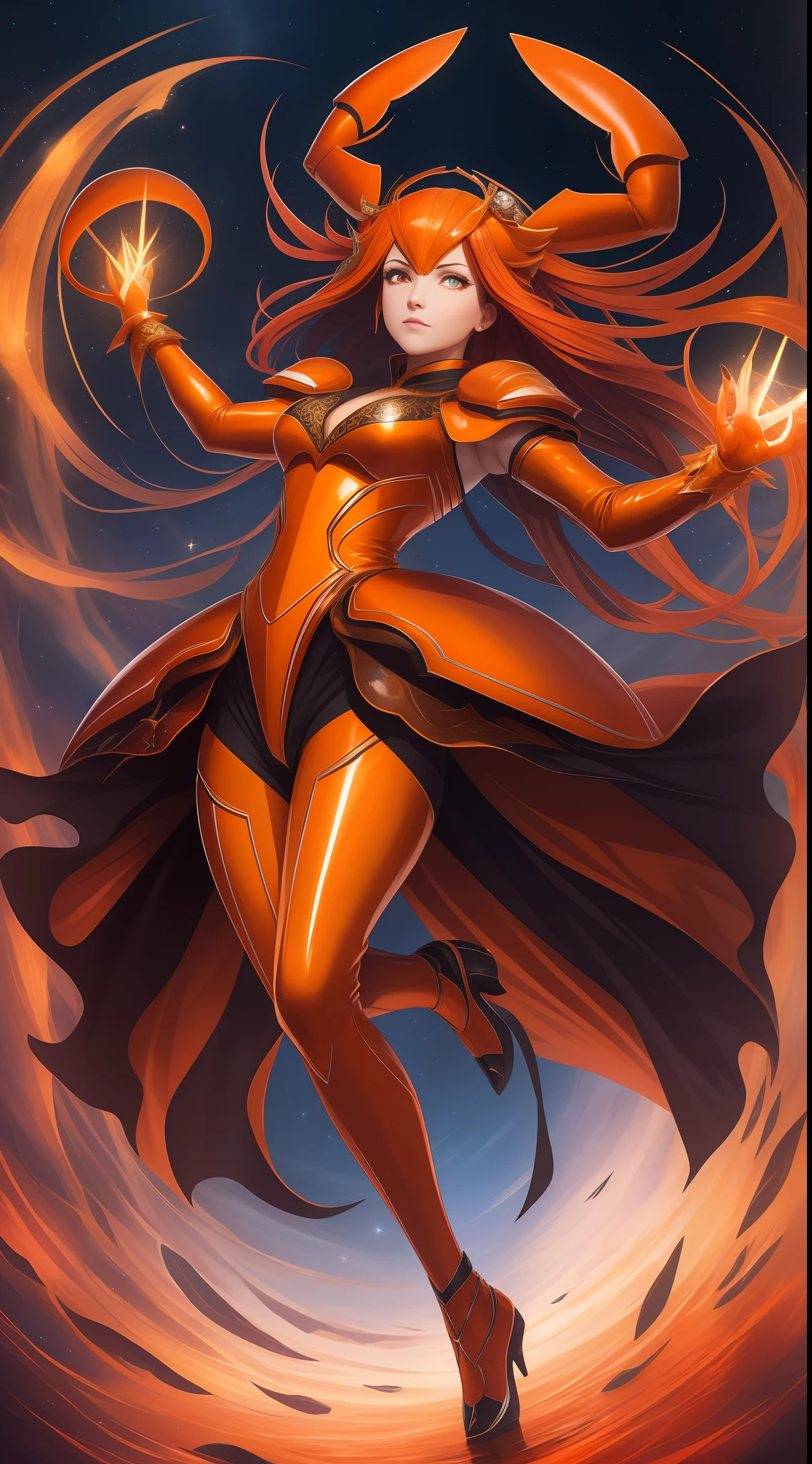 two arms crab pincers, 4hands is large orange nails, behind back of, full body is floating, many starlight background, bold divine light in the center, symphonic metal chant atmosphere,