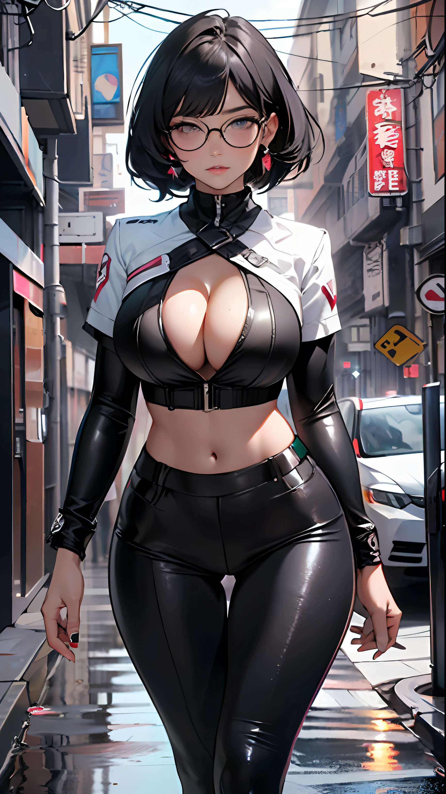 cute girl,(((1girl))),((anime girl with extremely cute and beautiful black hair walking seductively down the street)),
(Large breasts:1.4),(((black hair:1.35,colored inner hair,ear breathing,large hair, tomboy haircut))),((green eyes, perfect eyes, upturned eyes:1.3, beautiful detailed eyes, finely detailed beautiful eyes:1, big highlight on eyes:1.2, slanted eyes)), ((fat)),((lustrous skin:1.5,bright skin: 1.5,skin tanned,shiny skin,very shiny skin,shiny body,plastic glitter skin,exaggerated shiny skin))),(spider lower abdomen,narrow waist,wide hip,athletic body,inflated legs,delicate detailed fingers,detailed body,detailed arms,human hands, detailed hands),
cute,slutty,seductive,erotic,nsfw,
((((glasses)))),(((wearing white formal blazer,black formal pants,))), (((huge cleavage))), (detailed outfit,detailed clothes),
(dynamic pose:1.0), solo focus, embarrassed, centered, scale to fit dimensions, Rule of thirds,
outdoors, ((night view)), (cyberpunk night street Background: 1.5,dark sky,alleyway,lonely alley,thick clouds, detailed background:1.25),
(best quality), (high resolution), (sharp focus), (ultra detailed), (extremely detailed), (extremely high quality artwork), 8k_wallpaper, (extremely detailed CG 8k),(very fine 8K CG), ((hyper super ultra detailed perfect piece)), flawless, (((masterpiece))), illustration, vibrant colors, (intricate), High contrast, Selective lighting, Double exposure, HDR (High Dynamic Range), Post-processing, Background blur,