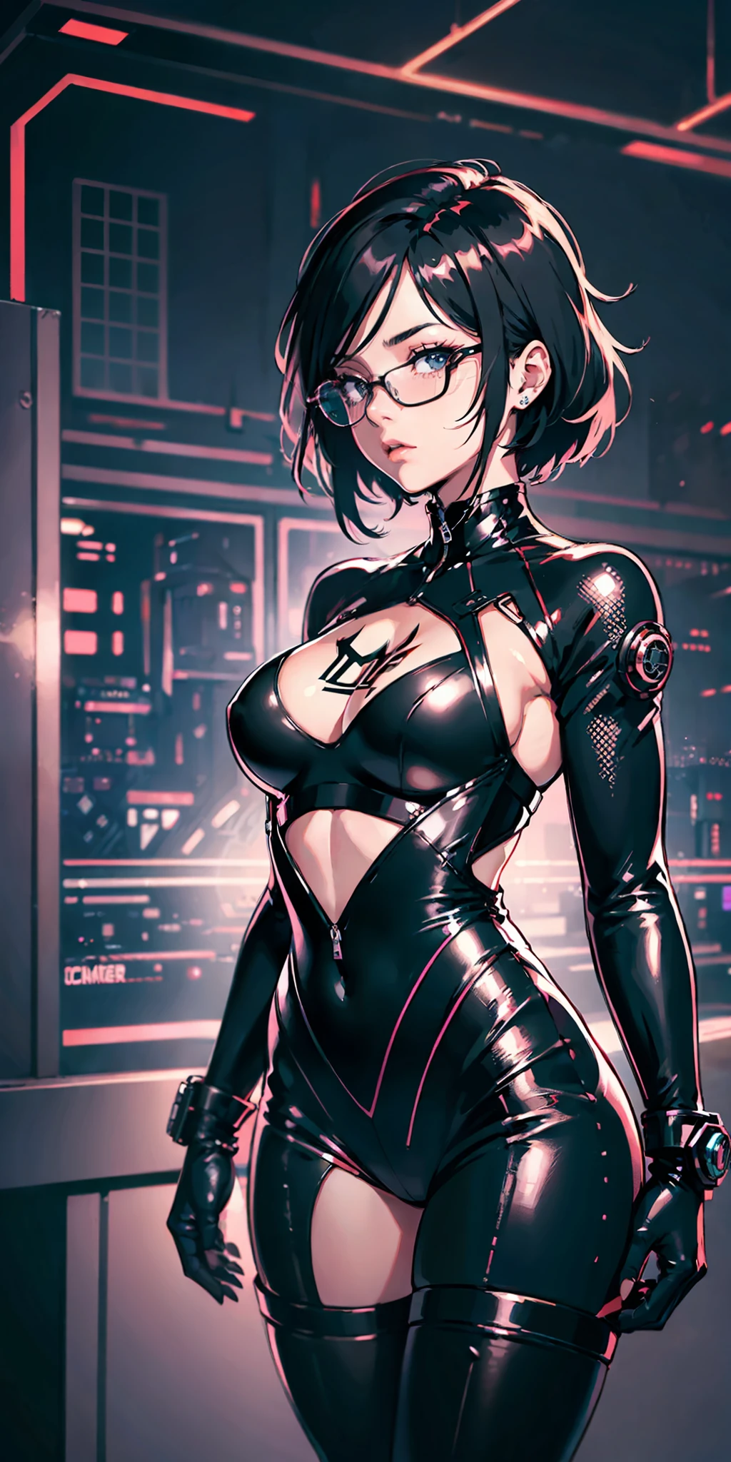 1girll, future warrior,cabelos preto e longos,flowy,crisp breasts,Beautiful thighs,Tattooed with,Chest bumps,Sci-fi combat glasses,Black tight-fitting one-piece leather suit all over,Black boots,There are round metal rings at the wrists and ankles,epcot,cyber punk perssonage,Detailed background,Clothing details,perfectly proportioned, Cinematic lighting, filmgrain, Fuji colors, lightand shade contrast, 8K, 巨作, Textured skin, Super detail, high detal, high qulity, A high resolution,