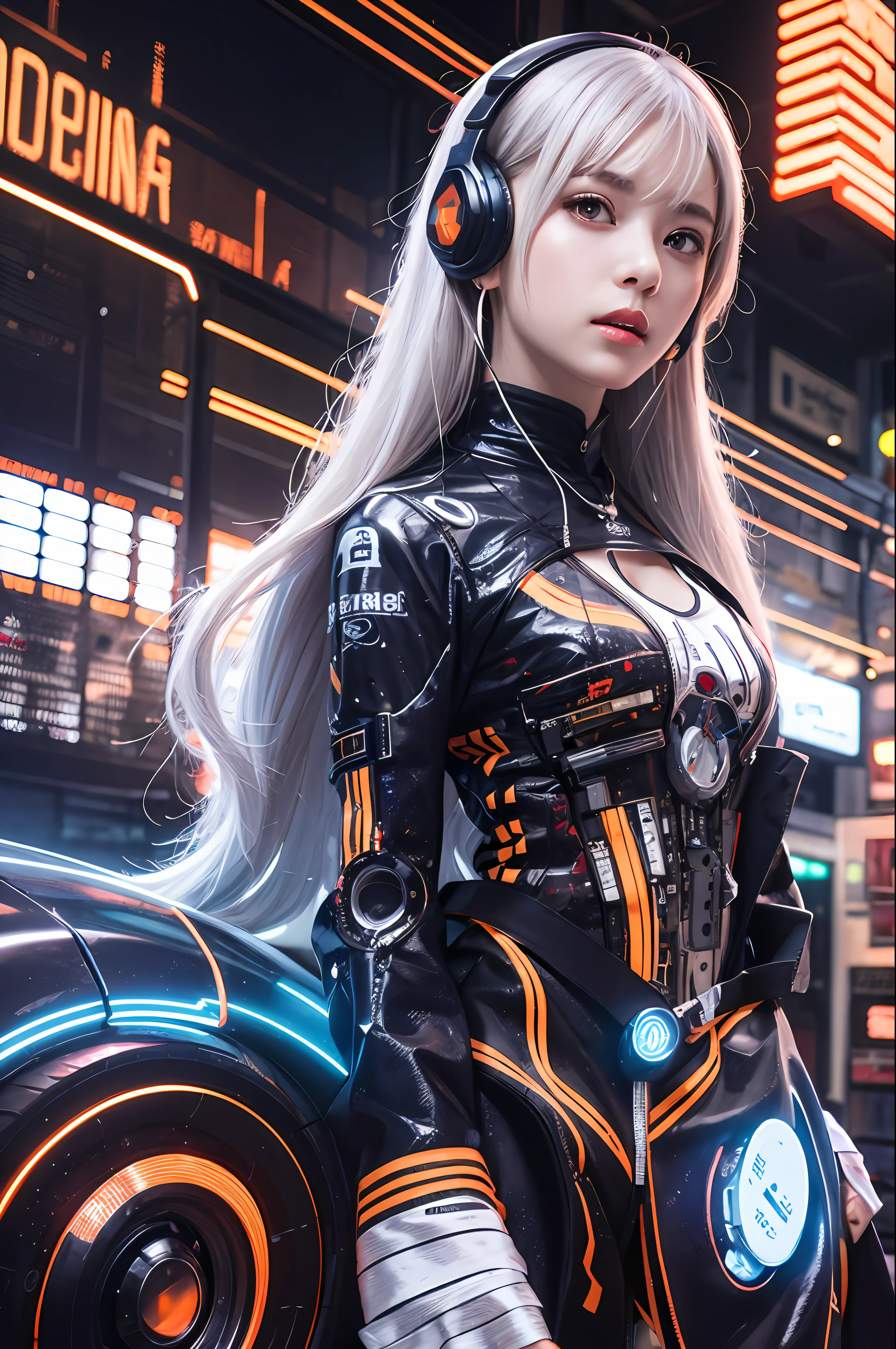 1 girl, Chinese_Clothes, white and orange, Cyberhank、 Cyberpunk City, Dynamic Pose, glowing headphone, glowing hair accessories, Long hair, glowing earrings, glowing necklace, long straight hair flying messy, Silver hair, Mechanical Body, Hydraulic cylinder、Luminous tube、Glowing LEDs、Futuristic headset、High-tech City, Full of mechanical and futuristic elements, A futuristic, Technology, glowing neon, orange, Orange Light, laser, digital background city sky, Big Moon, Best Quality, masutepiece, 8K, character edge light, Super High Detail, High quality, the most beautiful woman in human beings, background many advertising light boxes