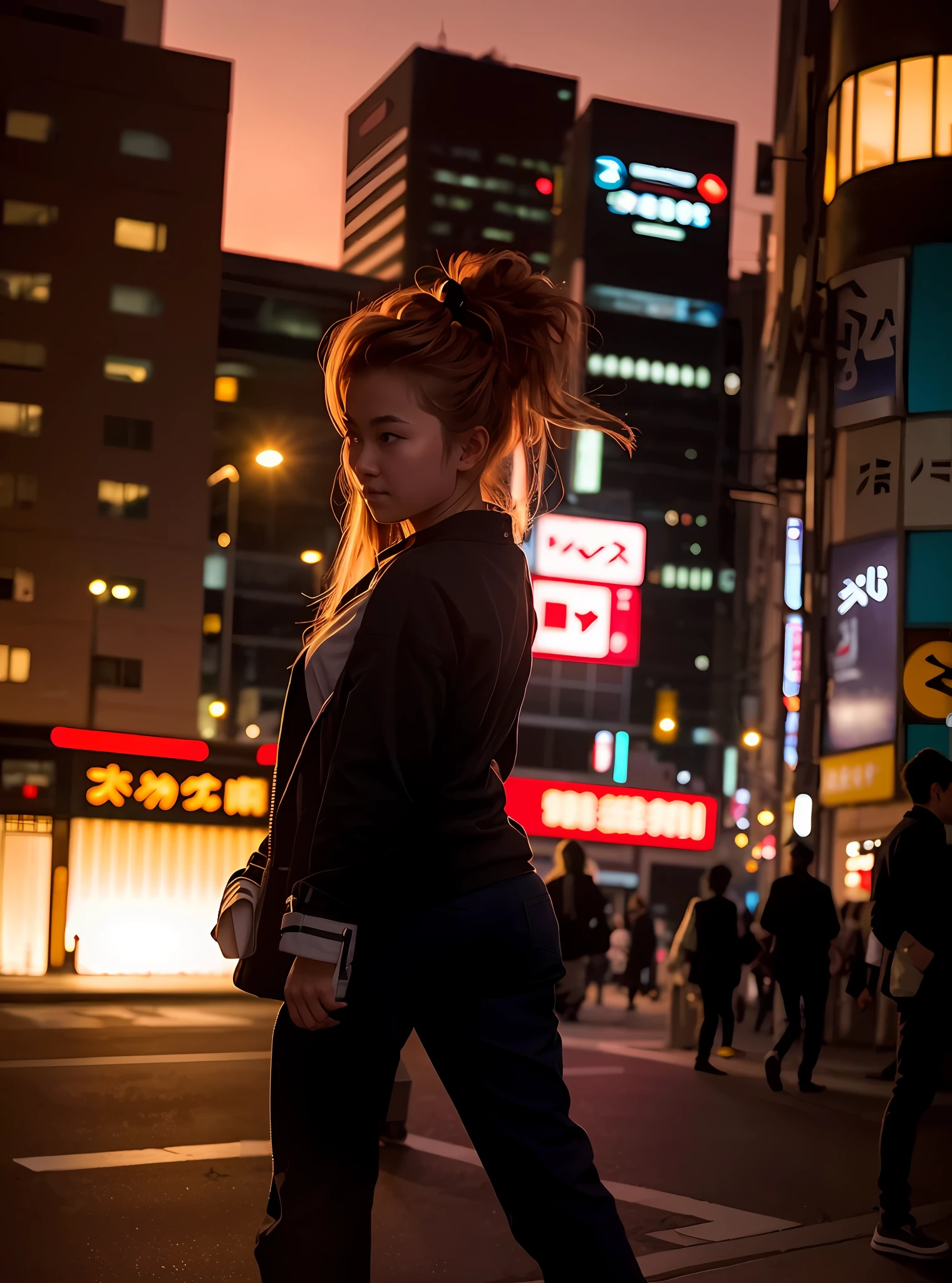 Hay una mujer caminando por la calle por la noche, En las calles de Tokio, En Neo Tokyo, En Tokyo Cyberpunk Night Rooftop, En una calle de Tokio, Estilo anime mezclado con Fujifilm, En Tokio por la noche, en Cyberpunk City, portrait of a japanese teen, en la noche de Tokio en la azotea, En una ciudad japonesa por la noche, en una ciudad cyberpunk, cyberpunk streets in japan