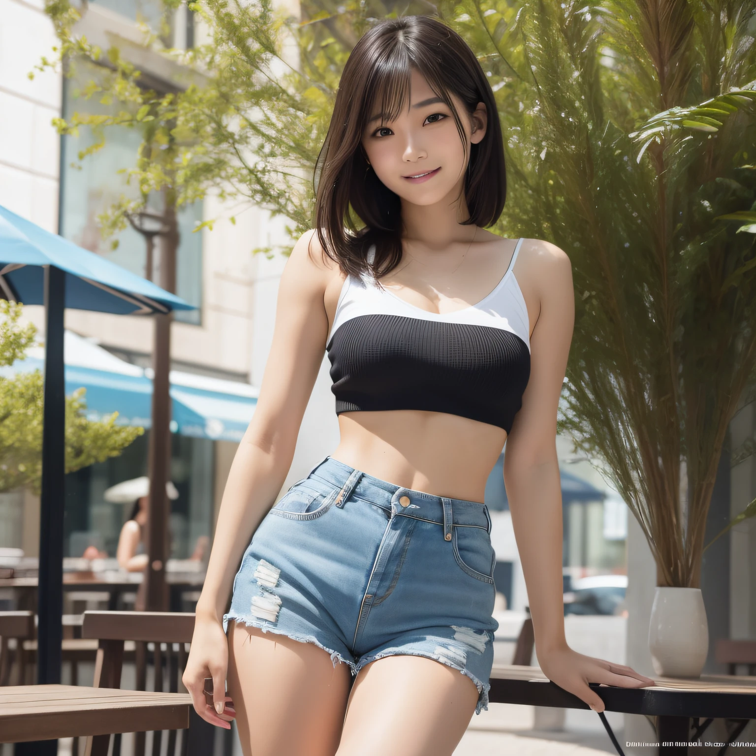 8K, masterpiece, best quality, photo realistic, ultra-detailed, 2 girls, Asian, athletic body, realistic skin texture, 1 girl long hair, 1 girl short hair, (breasts:1.0), (smile:1.0), gaze at viewer, tube top, hot pants shorts, micro mini skirt, movie lighting, face focus, fine eyes, detailed face, well lit face, day light, outdoor cafe in background, nice thighs