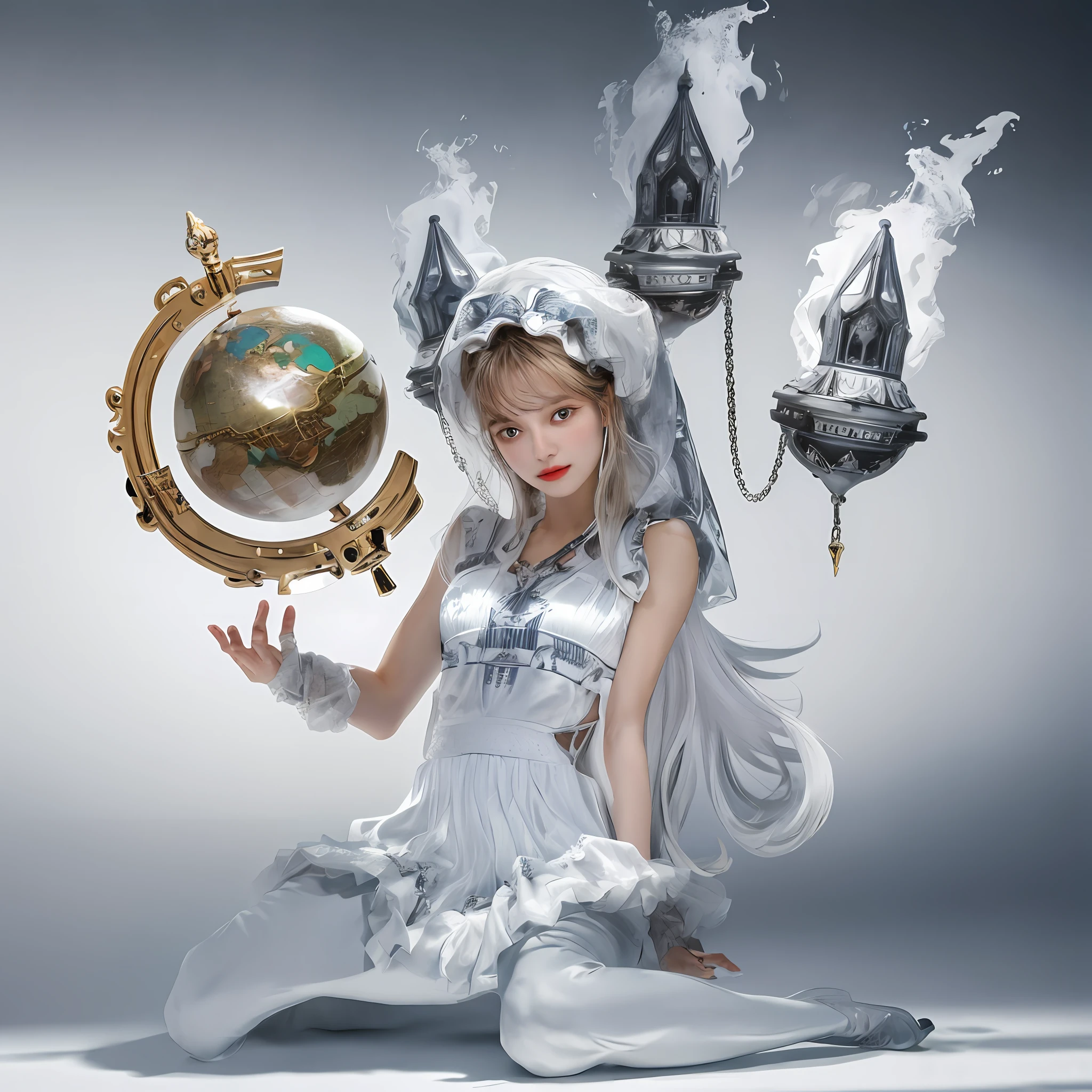 1girl with a globe in her hand, young, ultra realistic, 8k, white clothes