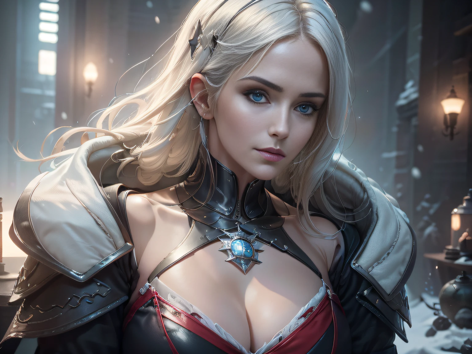 Cirilla Fiona Elen Riannon，Highest image quality，Outstanding details，超高分辨率，（Fidelity：1.4）, Favor the details，closeup cleavage，dawn，Snow，winter，Behind it is the wizard's sword，He has a delicate and beautiful face，（（Red and white semi-mechanical body：1.8）），Raised sexy，frontage，cyber punk perssonage，Futuristic，mechanically aesthetic，Virtual Engine 5，Perfect detail rendering，rendering by octane，hyper HD