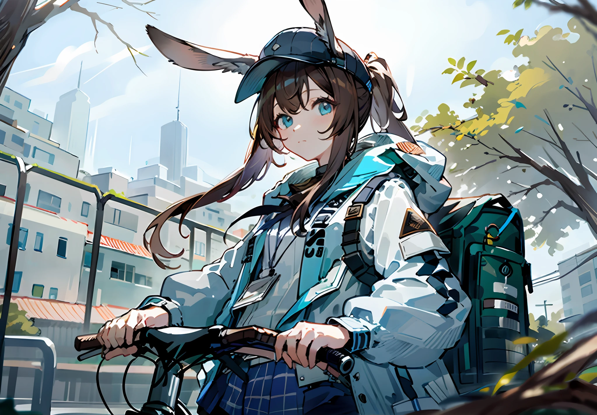 1girl, animal ears, rabbit ears, straight-on,looking at viewer, brown hair, ponytail,  expressionless, badge, bangs, blue baseball cap, detailed eyes, clothes writing, white clothes, hood, hood down, standing, long sleeves, closed mouth, (blue skirt:1.05), solo, (light blush:0.9), bare tree, building, city, cityscape, day, outdoors,  street,tree, view from below, upper body, bicycle ,bicycle handlebar grips