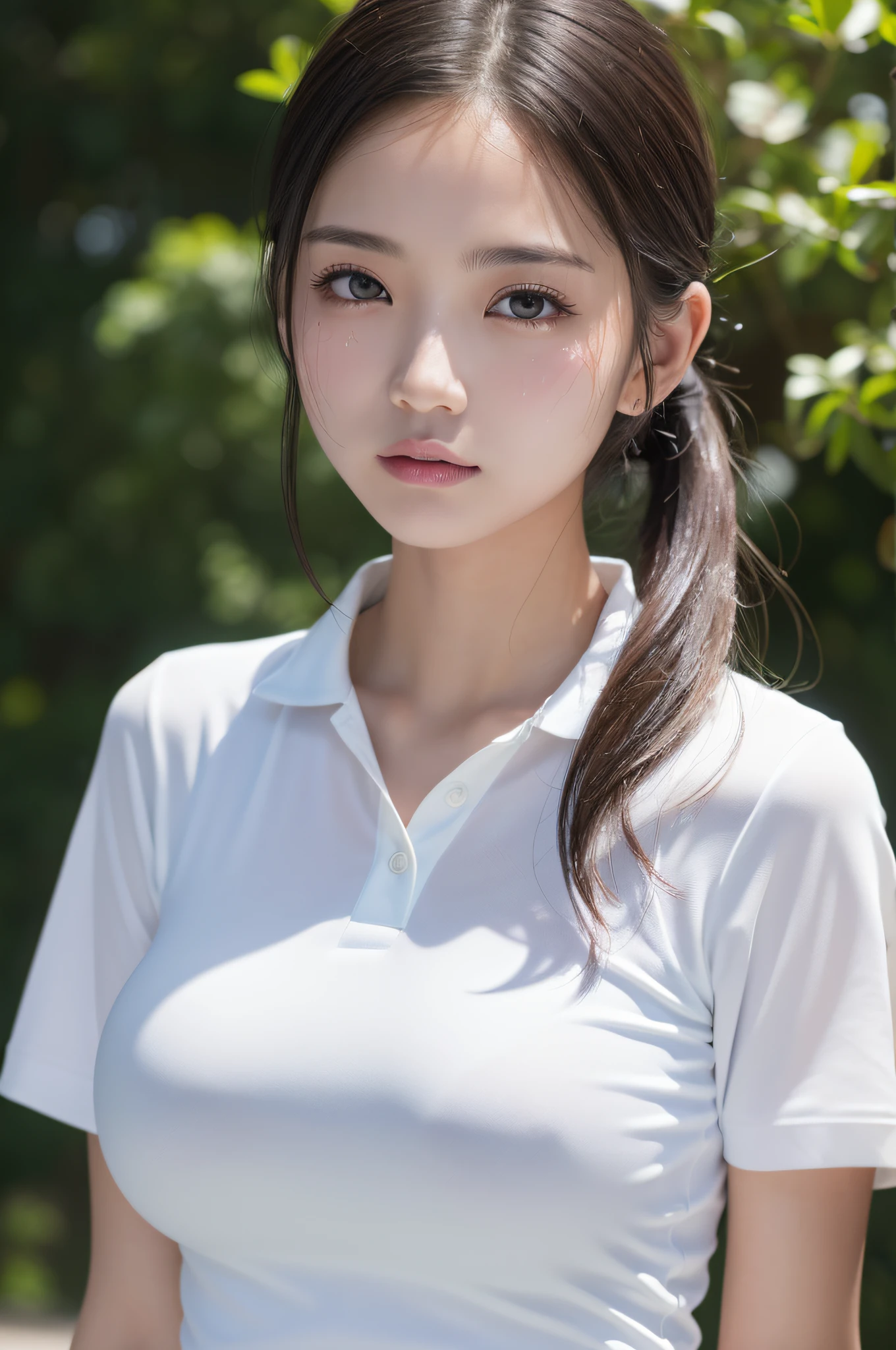 女の子1人、独奏、White polo shirt、White sneakers、Tennis Wear、White mini skirt、masterpiece、top-quality、realisitic、Hyper-detailing、(Glossy skin、be sweaty:1.4)、absurderes、Looking at the camera、short dark hair、Brown-eyed、A slender、动态照明、hight resolution、foco nítido、depth of fields、A detailed eye、Sharp eyes、Realistic eyes、(Medium-sized breasts:1.6)、(thick thight:1.0)、outside of house、Skysky