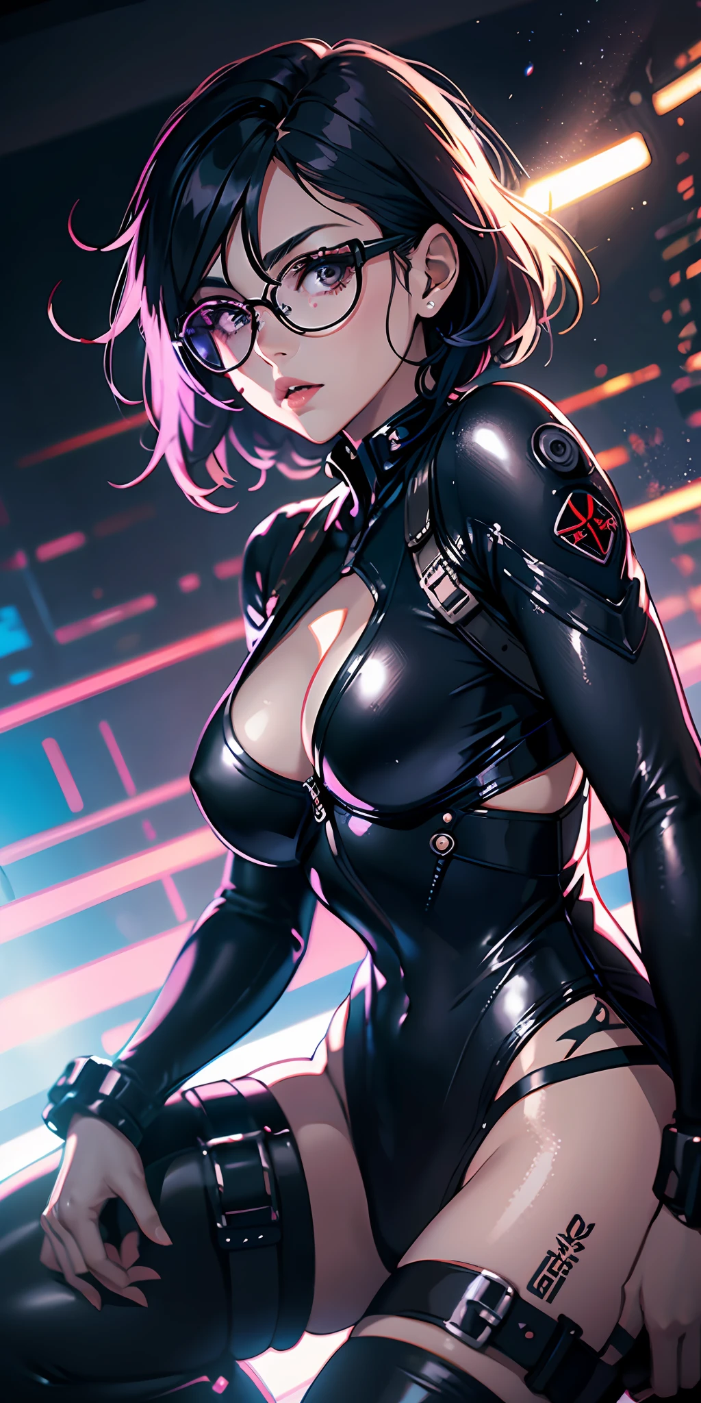1girll, future warrior,cabelos preto e longos,flowy,crisp breasts,Beautiful thighs,Tattooed with,Chest bumps,Sci-fi combat glasses,Black tight-fitting one-piece leather suit all over,Black boots,There are round metal rings at the wrists and ankles,epcot,cyber punk perssonage,Detailed background,Clothing details,perfectly proportioned, Cinematic lighting, filmgrain, Fuji colors, lightand shade contrast, 8K, 巨作, Textured skin, Super detail, high detal, high qulity, A high resolution,