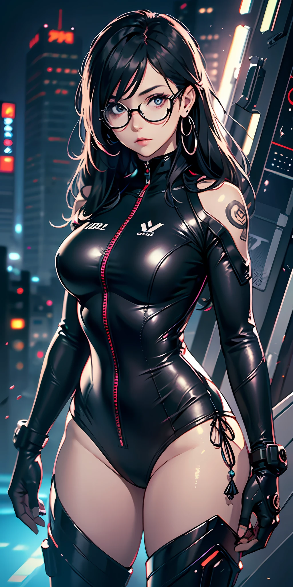 1girll, future warrior,cabelos preto e longos,flowy,crisp breasts,Beautiful thighs,Tattooed with,Chest bumps,Sci-fi combat glasses,Black tight-fitting one-piece leather suit all over,Black boots,There are round metal rings at the wrists and ankles,epcot,cyber punk perssonage,Detailed background,Clothing details,perfectly proportioned, Cinematic lighting, filmgrain, Fuji colors, lightand shade contrast, 8K, 巨作, Textured skin, Super detail, high detal, high qulity, A high resolution,