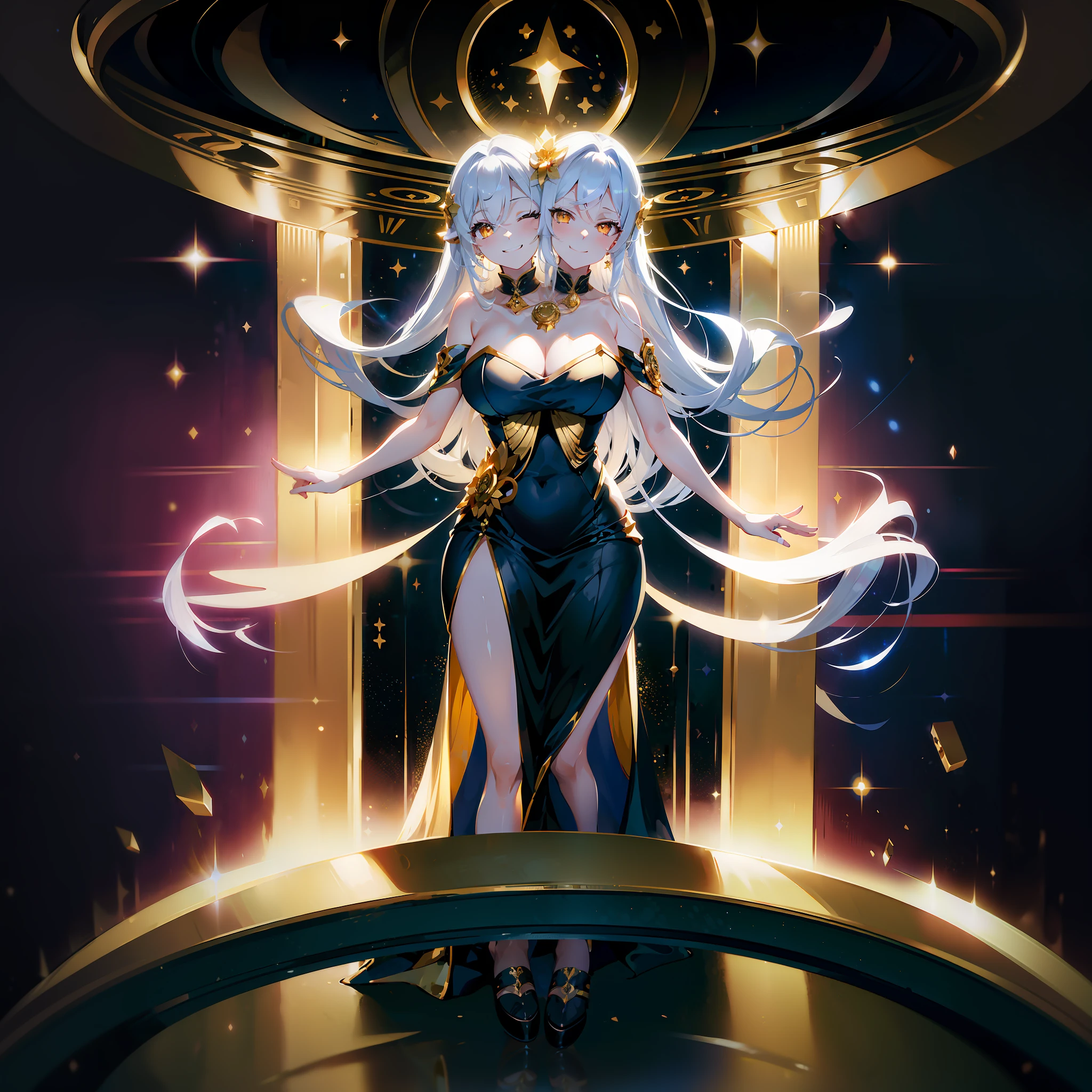 (masterpiece, best quality), best resolution, (2heads:1.5), anime girl with two heads, white hair, long hair, winking, yellow eyes, mouth open, happy, mouth closed, smiling, ancient greek dress, black dress with gold highlights, floating through space, casual pose, intergalactic, nebula text in the background, deep space, gemini symbol, nebula, stars, outer space, full body shot