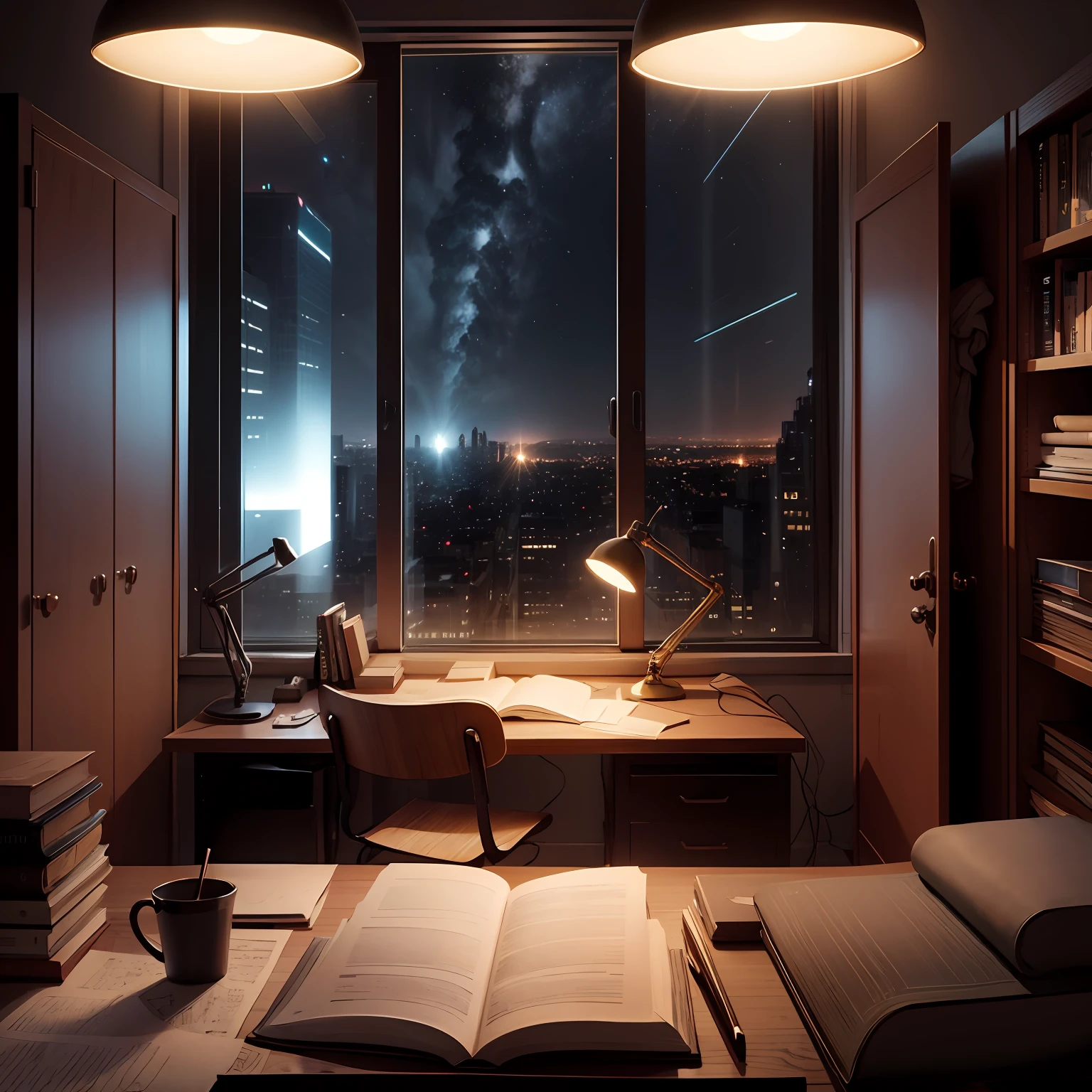nighttime scene, Study desk, cinematic lighting, Hyperrealism, interior architecture, high detail --auto