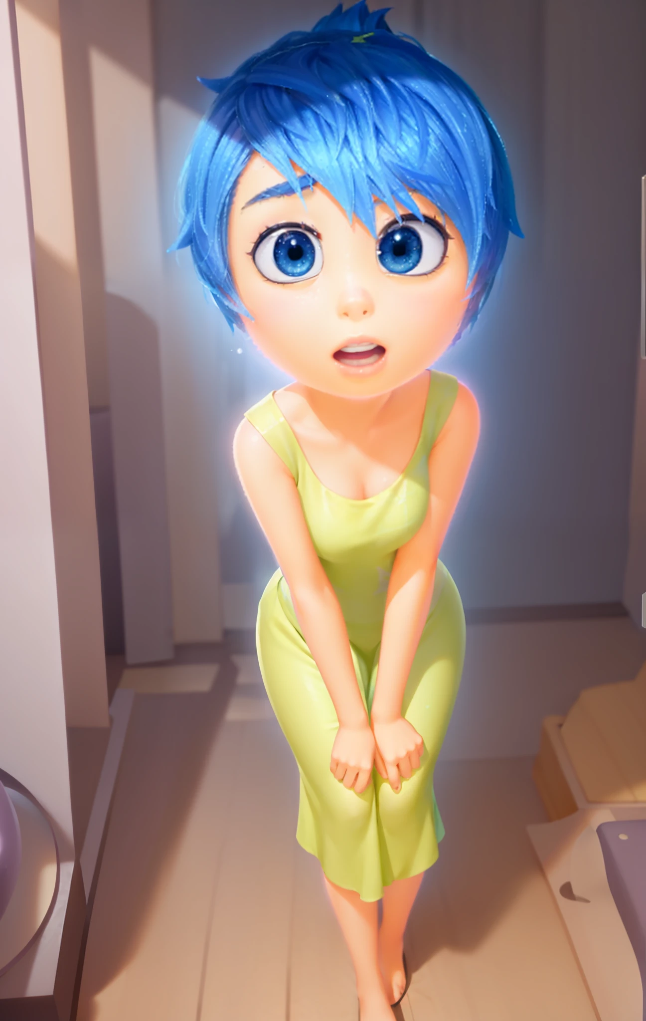 (((Joy_InsideOut, yellow skin, blue eyes, blue pixie cut hair))), Happy, (((sleeveless lime green dress that goes to the knees))), Pixar style art, disney, character, cartoony, 3D Rendering, small breasts, bare footed, Sunlight, (parted lips:1.4), (nose blush:1.2), foreshortening, blackcutoffs, (eye contact), high contrast, ultra high res, high resolution, detailed, breasts visible, Showing breasts, (cinematic lighting), ((high-angle view)), (half body shadow), [backlighting], [crepuscular ray], [detailed ambient light], [gray natural lighting], [ambient light on the belly], (higher wildlife feral detail), [explict content], [sharp focus], (questionable content), (shaded), Commission for High Res, detailed image, bright colors, detailed face, perfect lighting, perfect shadows, perfect eyes, girl focus, flawless face, gorgeous body, shiny body, center focus, gaze at the viewer, 1girl, solo, (masterpiece:1.21), (best quality:1.2), (illustration:1.2), (cinematic lighting:1.3), balanced coloring, global illumination, ray tracing, good lighting, cleavage, attractive body, sexy body, looking at viewer, SFW, portrait, happy expression, (((headquarters from inside out background, purple hues interior, walls with shelves with glowing spheres))),