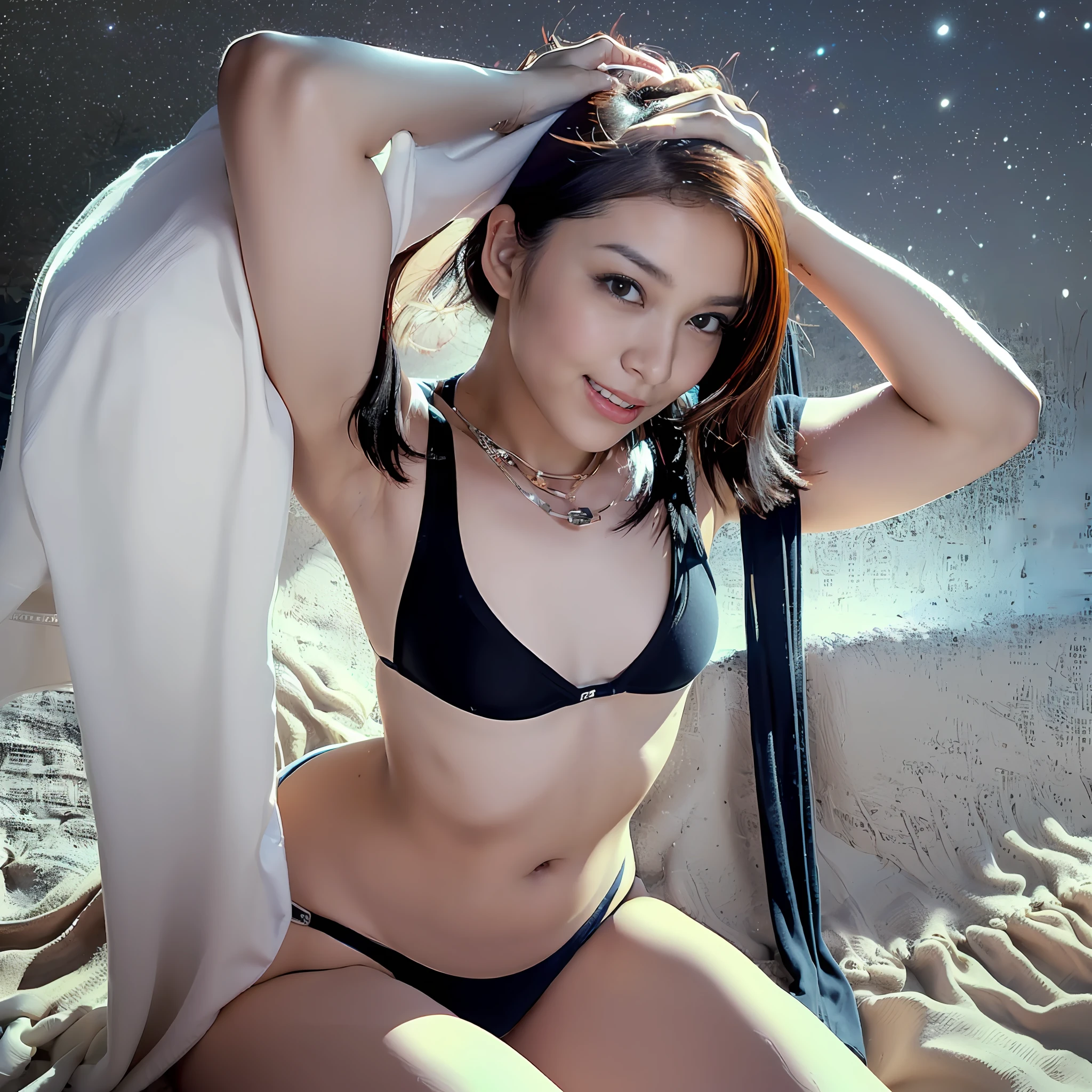 ((On the sandy beach on a jet-black moonlit night)))、Woman in her 20s posing bewitchingly for the best photographer、((Protruding F-cup bust))、(Leggy and slender macho)、(((The camera is low angle)))、(((The string bikini is digging into the crotch)))、(((kneel with one leg wide open)))、(Open your armpits wide)、(Show me your white teeth, Squint and smile)、((Wearing a small white and thin bikini that cannot hide her breasts))、((Slender macho))、((Very snug waist))、(hime_cut_Hairstyle:1.3)、((Perfect longitudinally extended navel))、4k wallpaper、hight resolution、masutepiece、((85mm aperture 1.0))、Cap:1.3、((Hasselblad photo))、Fine-grained skin、((Pupil Sharp Focus))、((Cinematic Renditions))、Pitch black stormy night、Weak soft moonlight、((ASA sensitivity 200))、Sensual angle、[:(A detailed face:1.2):0.2]、perfect anatomia、:1.1