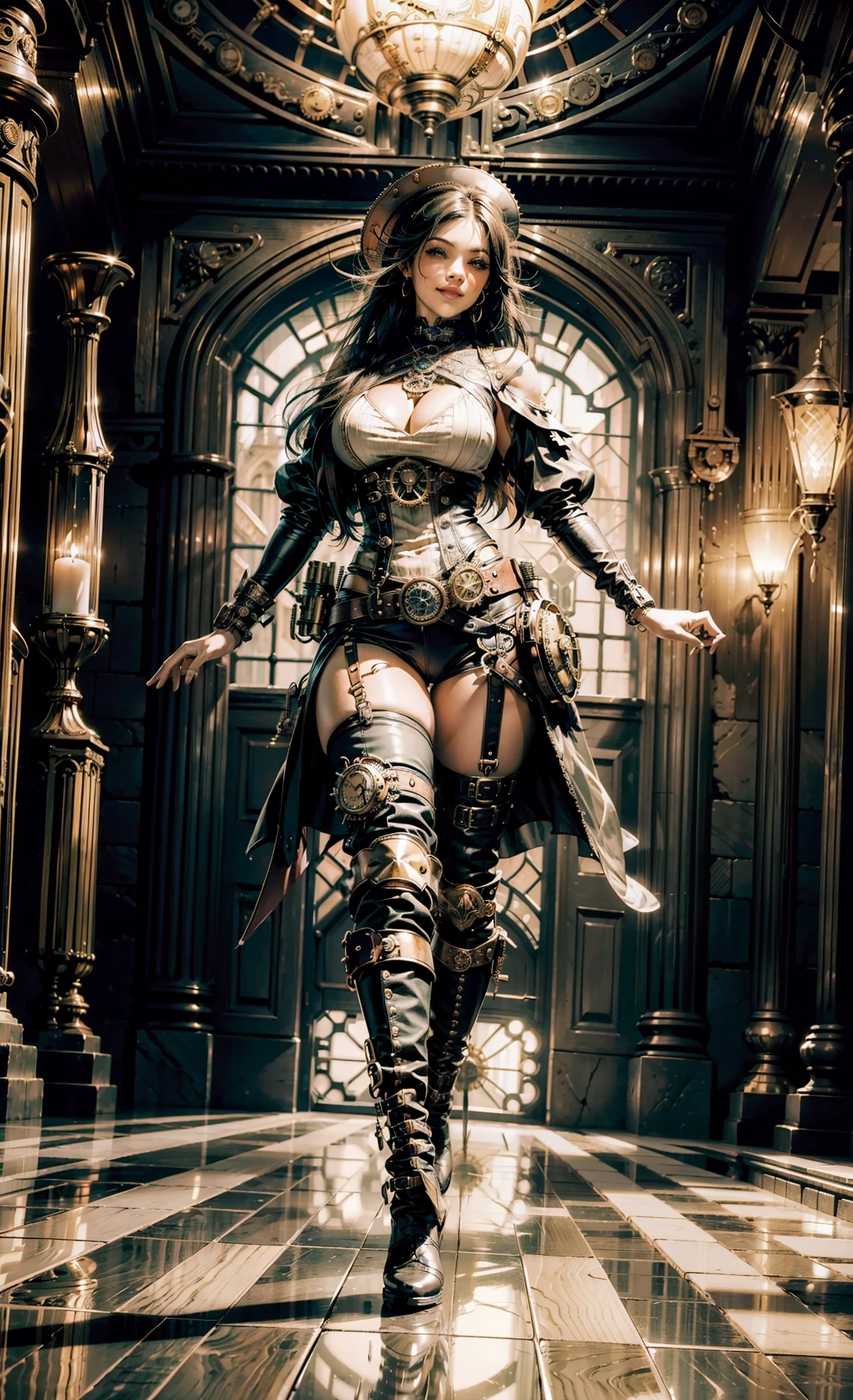 (((steampunk ,sonrisa sensual malvada,full body sexy pose, sensual body))), 1 mujer joven sexy, pecho gigantesco, marcado, areola grande marcada, cameltoe marcado, ropa steampunk, pezones marcados,dirigible steampunk, nubes, cabello rayado, cabello ?????, reflejo de ojos, maquillaje, boca abierta, sonrisa, alto detalle, gothic art, barroco, desenfoque de movimiento, trazado de rayos, Reflection light, Multiple views, perspectiva, ultra gran angular, obra maestra, Anatomically correct, piel texturizada, Super detail, altos detalles, alta calidad, mejor calidad,  altas, 16k, HD