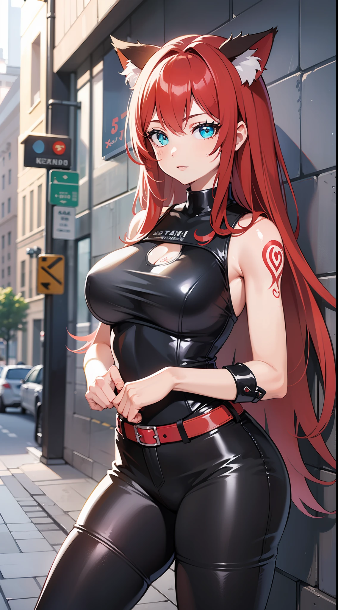 young girl, Long red hair, Cyan eyes, Cat's ears, Black leather T-shirt, Sleeveless, Outdoor Hivot, Tatoo, neckline on the chest, breeches, Masterpiece, hiquality