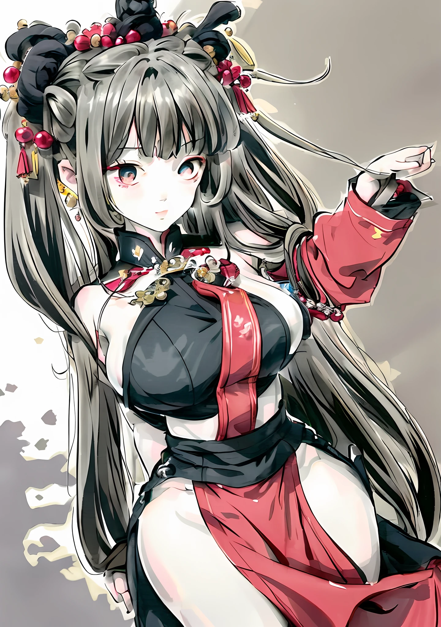 Q version,bit girl,Hanfu skirt,adolable,largeeyes,quadratic element,Two-headed body,black color hair,A garland is worn on his head,anime big breast,China-style,Barefoot,Long hair