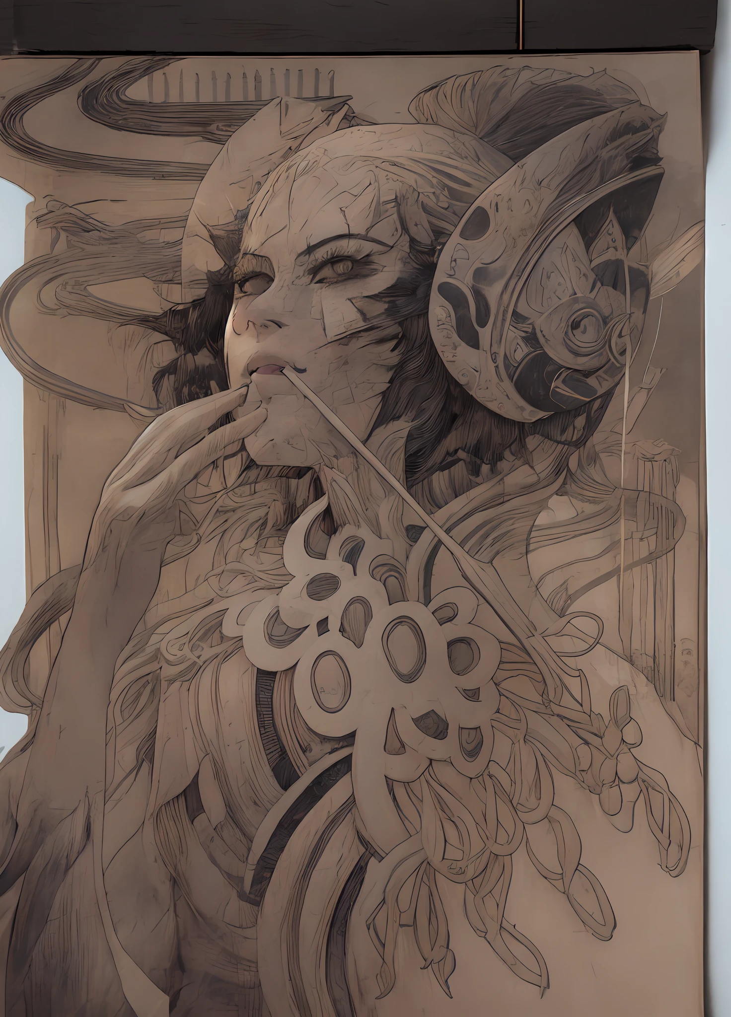 there is a drawing of a woman with a mask and a hat, goddess. extremely high detail, inspired by Yoshitaka Amano, moebius and mohrbacher, inspired by katsuya terada, insanely detailed linework, girl design lush horns, sketchbook drawing, artbook artwork, extremely detailed goddess shot, inspired by Masamune Shirow,masterpiece, best quality, (extremely detailed CG unity 8k wallpaper), (best quality), (best illustration), (best shadow), absurdres, realistic lighting, (Abyss), beautiful detailed glow