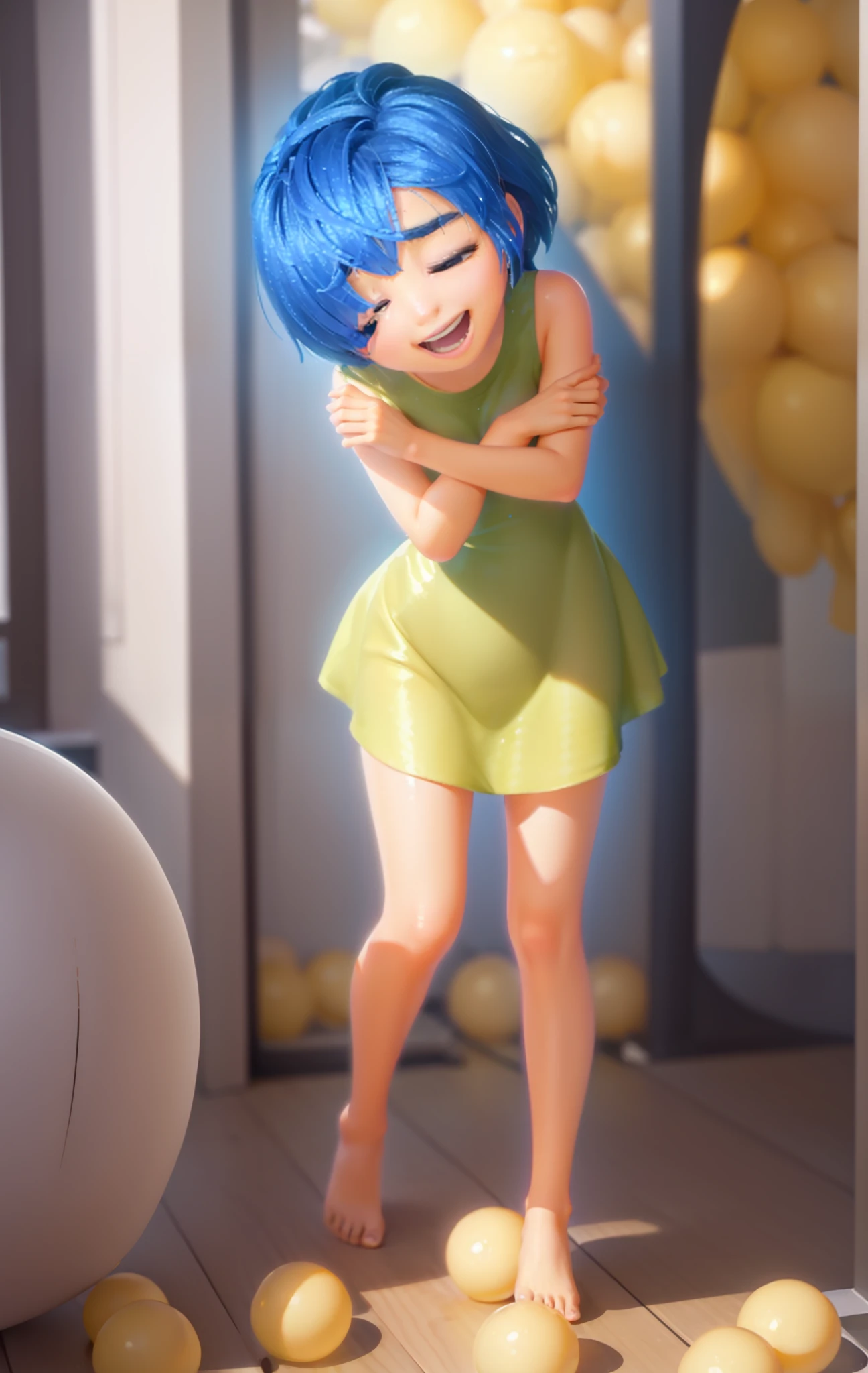 masterpiece, best quality, (Joy_InsideOut, yellow skin, in a ball pit, glowing spheres, ),  happy, green dress,  pixar, cartoon, 3d render, Loli, best quality, 1girl,((solo):1.2),best animated,(ultra detailed glossing hair:1.6), (ultra detailed hair:1.4),(Illustrated city background:1.2),1girl,high detail illustrated paint body and eyes like Pixar, summer time, shiny fatty skin,reddish Kneecap:1.2,soft and fat white_skin but yet reddish kneecap:1.8,half close eyes,happy smile,cosmetics natural cheek and lip, tilt head, beautiful shiny barefoot, show face to toe,from above, shyness, side window,(((close up face:1.0)))