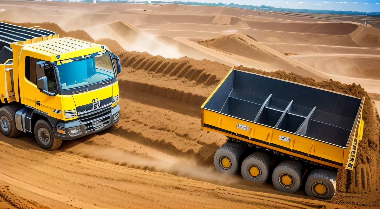 On earthmoving sites,A lot of earth trucks are transporting earth --auto