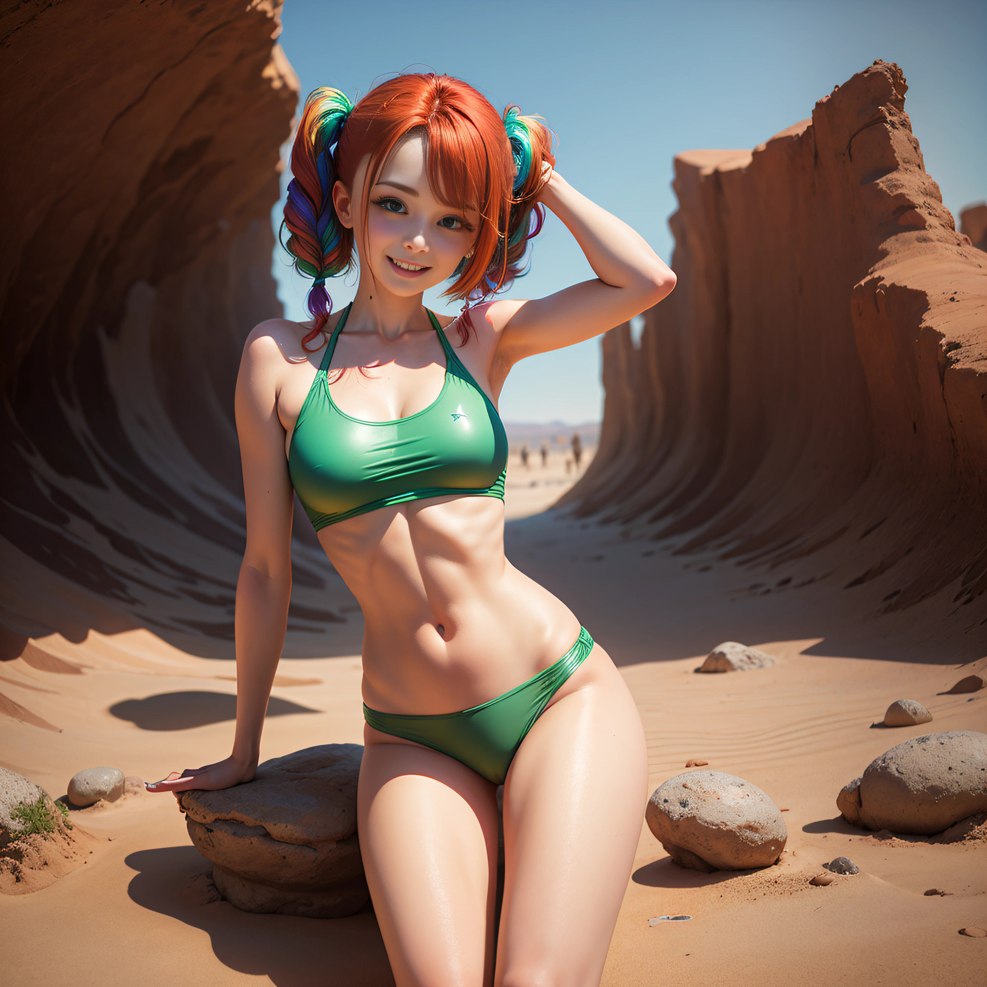 cute redhead woman in twin tails, multiple rainbow colored hair, sky-blue eyes, happy, Ukrainian, ite, pale skin, wearing a green metallic color bikini, post apocalyptic background, bleak barren desert, photo realistic woman. --auto