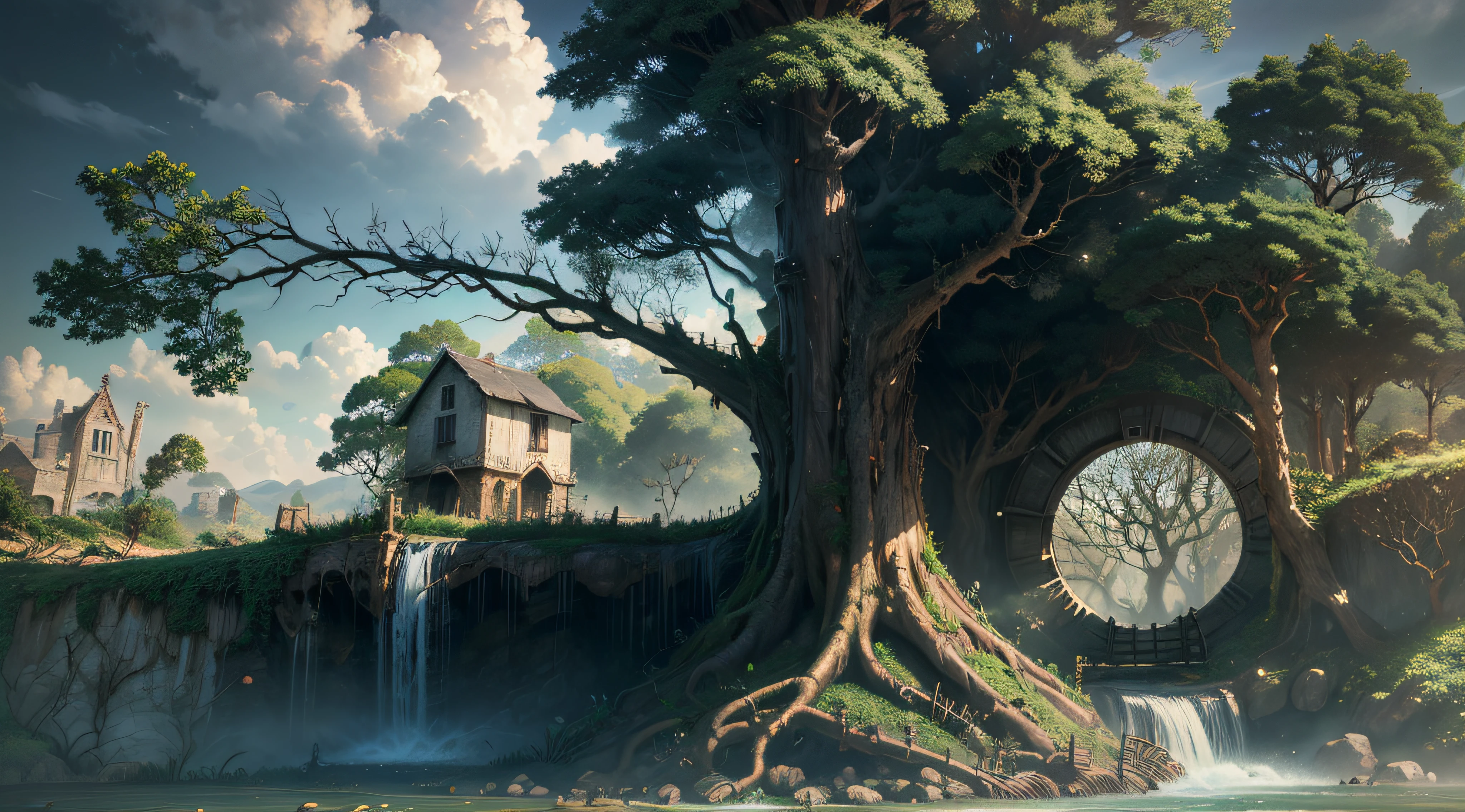 Gigantic colorful trees with many vines, palmeiras, coqueiro, fallen logs, a watermill with a waterwheel, moinho de vento, numa cachoeira exuberante, rio com grandes rochas hiper realista, sky with clouds, sol, lua, global ilumination, profundidade de campo,