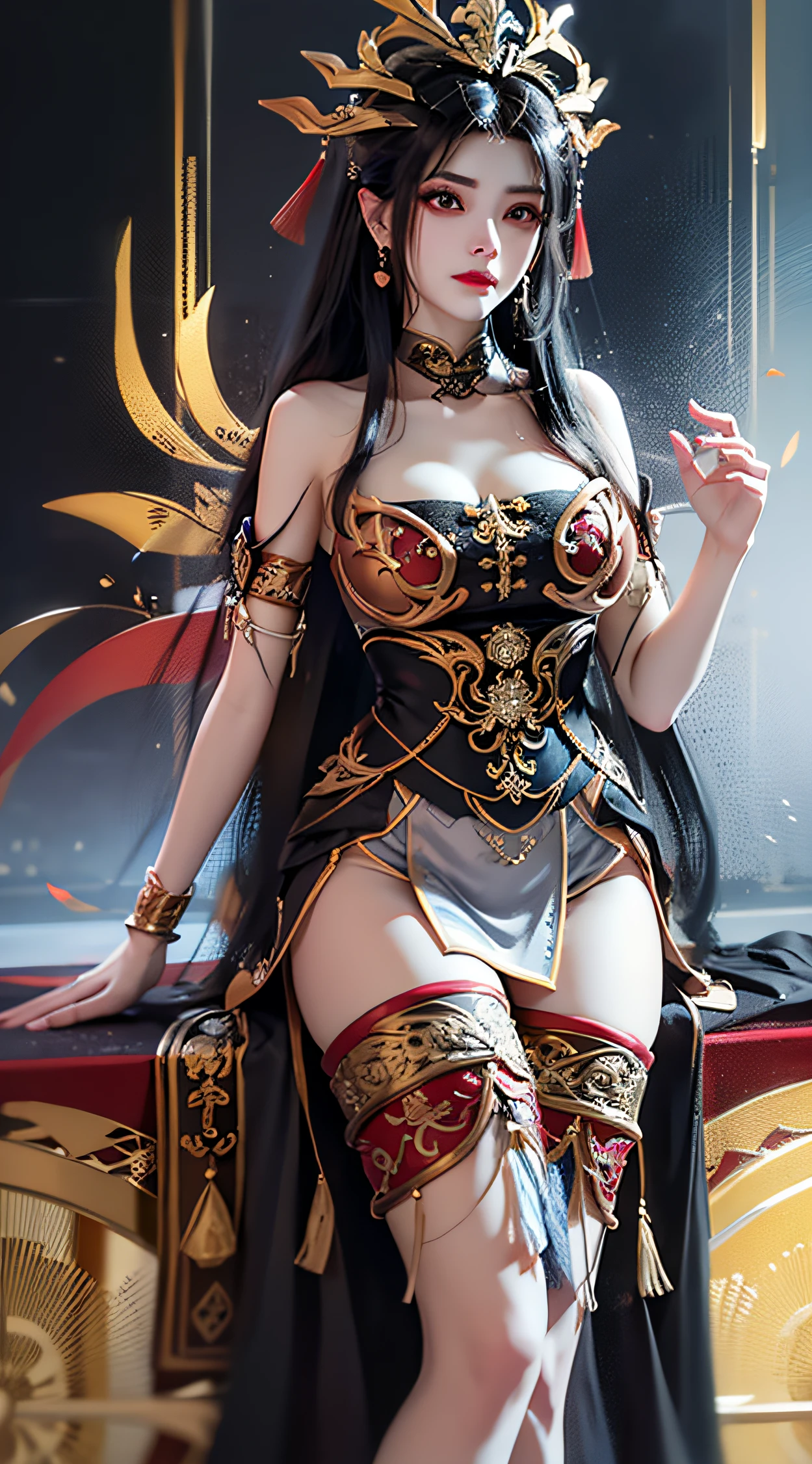 1 Concubine Ya in beautiful Hanfu, Black silk dress，High slit dress、Get wet，（full body1.4），（4K；1.4），（Ultra-realistic face 1.4，）Decorated with many yellow patterns, Black lace, Long red hair, beautiful hair ornaments, The face is quite cute, Perfect face, Earring jewelry,  Big red eyes, Sharp eye makeup, Detailed eyelash makeup, Thin eyebrows, High nose, Nice red lips, is shy、pursed lips, rosycheeks, Big breasts, Big breasts, Well-proportioned breasts, Slim waist, Black border red mesh socks , （pantyless，1.4，）chinese hanfu style,cleanness、 Fictional art patterns, vivid and realistic colors, RAW photos, Photos realistic, ultra high quality 8k surreal photos, Cool photos, (Virtual light effects: 1.8), 10x pixel, Magic effects (Background): 1.8), (Super detailed eyes: 1.8), ( eyelid): Red: 1.8), (black eye pupil: 1.8)Beautiful girl portrait, lone girl, ancient hanfu background, head straight-looking at viewer, Wide original image, 8K quality, Super sharp , Most detailed、The sharpest image, Detailed light background,