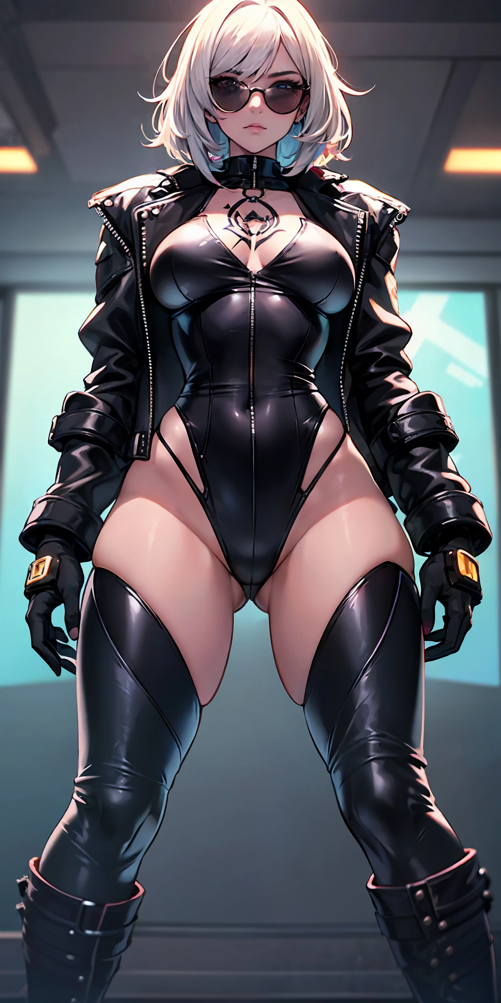 1girll, future warrior,cabelos preto e longos,flowy,crisp breasts,Beautiful thighs,Tattooed with,Chest bumps,Colored square sunglasses,Black tight-fitting one-piece leather jacket throughout,Black boots,There are round metal rings at the wrists and ankles,epcot,cyber punk perssonage,Detailed background,Clothing details,perfectly proportioned, Cinematic lighting, filmgrain, Fuji colors, lightand shade contrast, 8K, 巨作, Textured skin, Super detail, high detal, high qulity, A high resolution,