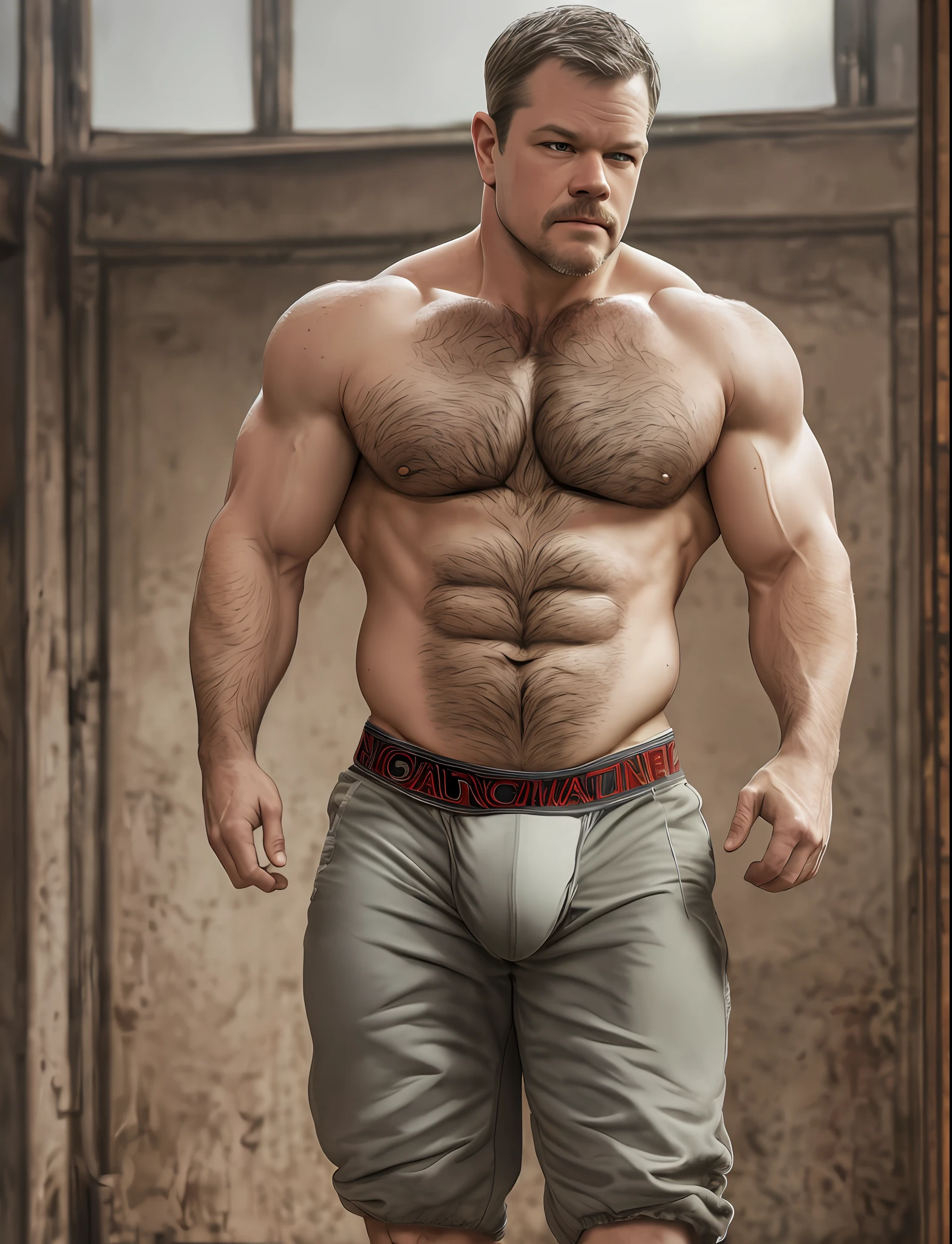 A portrait full body photograph Atractive matt Damon, using only underwear, moustache, bearded, Strong, muscular, hairy big belly bodybuilder, big bulge, harness, showing very hairy groin area, epic realistic, photo, faded, neutral colors, ((((hdr)))), muted colors, intricate scene, artstation, intricate details, vignette --auto --s2