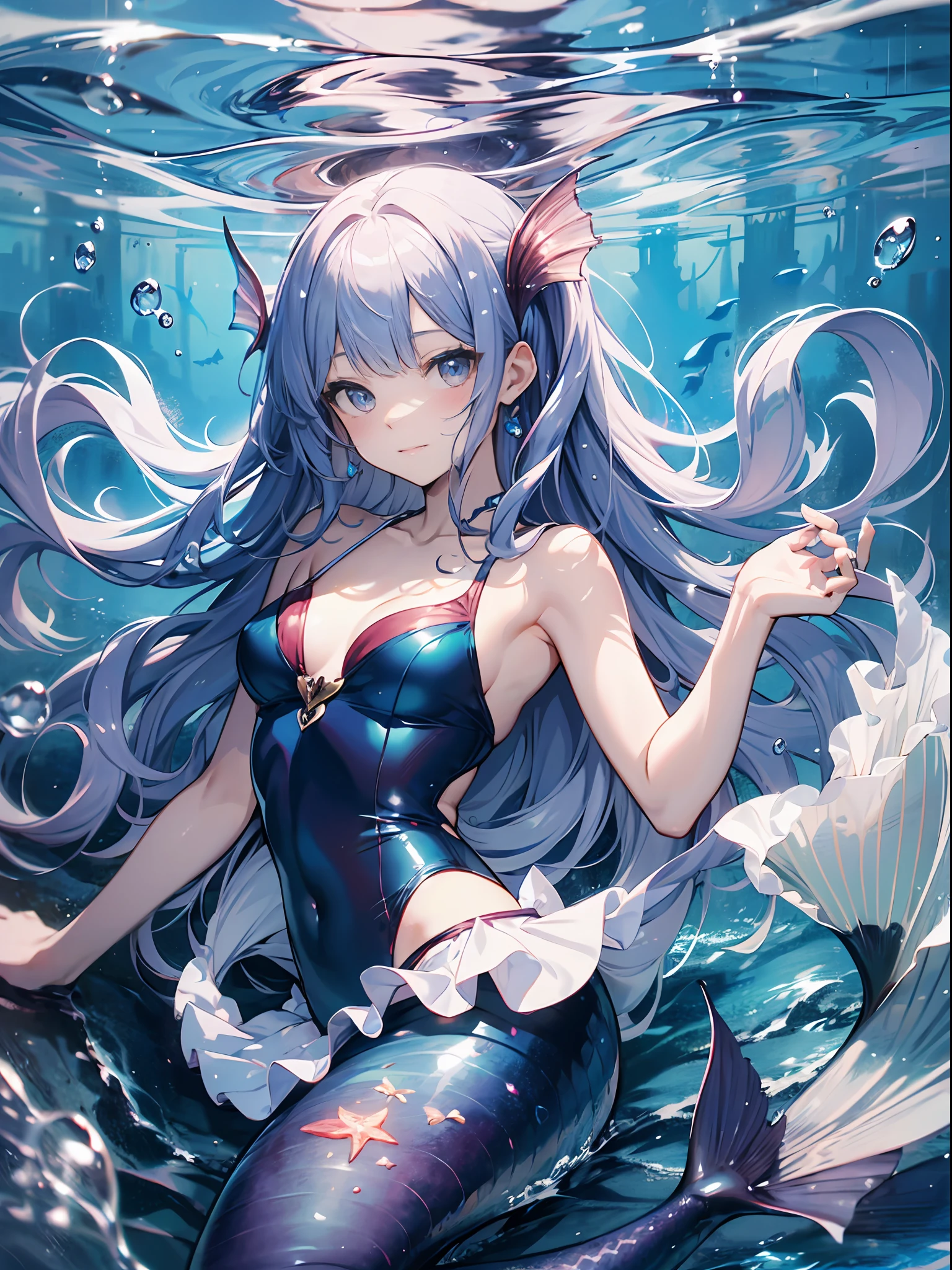 mermaids、high-level image quality、top-quality、Detailed drawing、Does not blush cheeks、Slender beauty、Docile、mermaid、Little Mermaid、Sailorsk swimsuit、Small eyes、Smaller chest、Contrasty