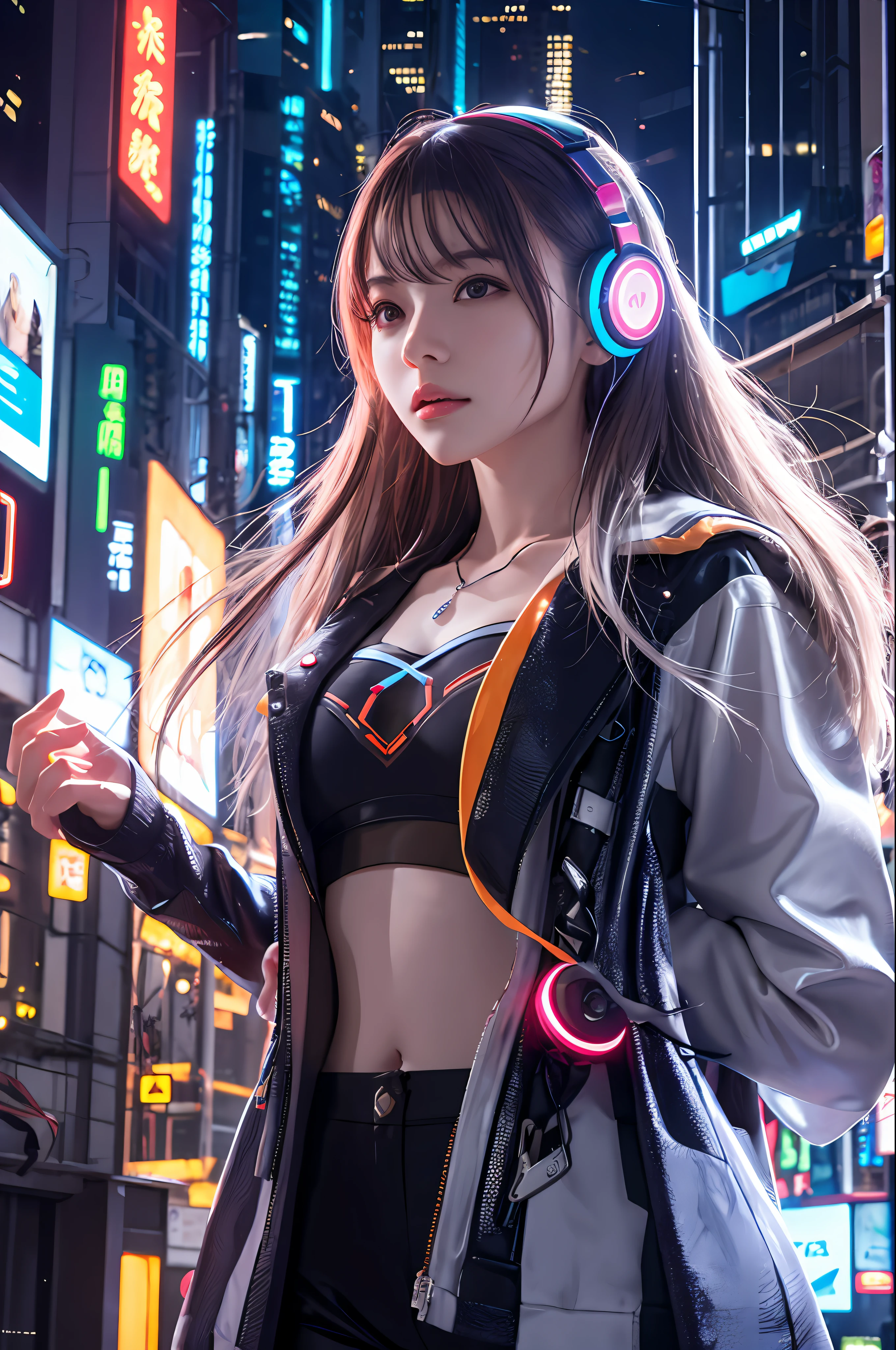 1 girl, Chinese_Clothes, white and orange, Cyberhank、 Cyberpunk City, Dynamic Pose, glowing headphone, glowing hair accessories, Long hair, glowing earrings, glowing necklace, long straight hair flying messy, Silver hair, Mechanical Body, Hydraulic cylinder、Luminous tube、Glowing LEDs、Futuristic headset、High-tech City, Full of mechanical and futuristic elements, A futuristic, Technology, glowing neon, orange, Orange Light, laser, digital background city sky, Big Moon, Best Quality, masutepiece, 8K, character edge light, Super High Detail, High quality, the most beautiful woman in human beings, background many advertising light boxes