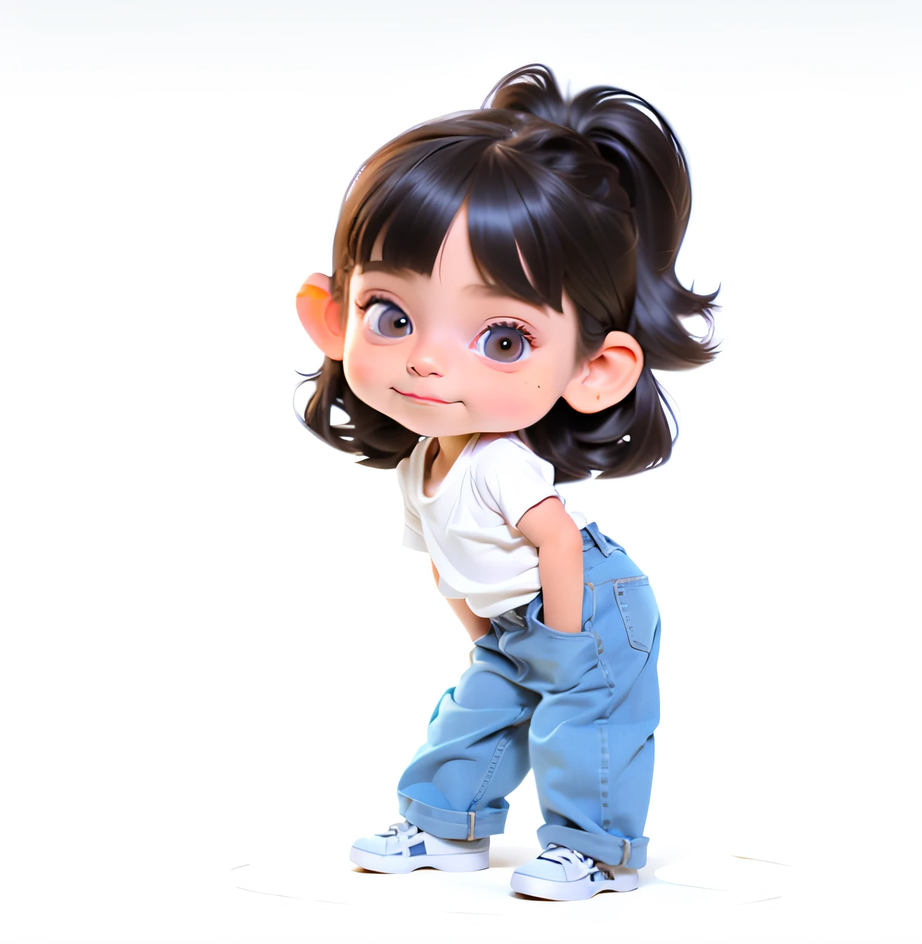 Cartoon girl in jeans and white shirt standing with her hands on her hips, character is in her natural pose, Cute cartoon character, Cute cartoon style, Cartoon style illustration, Cute cartoon, chibi girl, character is standing, Cartoon Cute, high quality character design, an animated character, full body portrait of a short!, she is dancing. Realistic, cute character, Girl standing