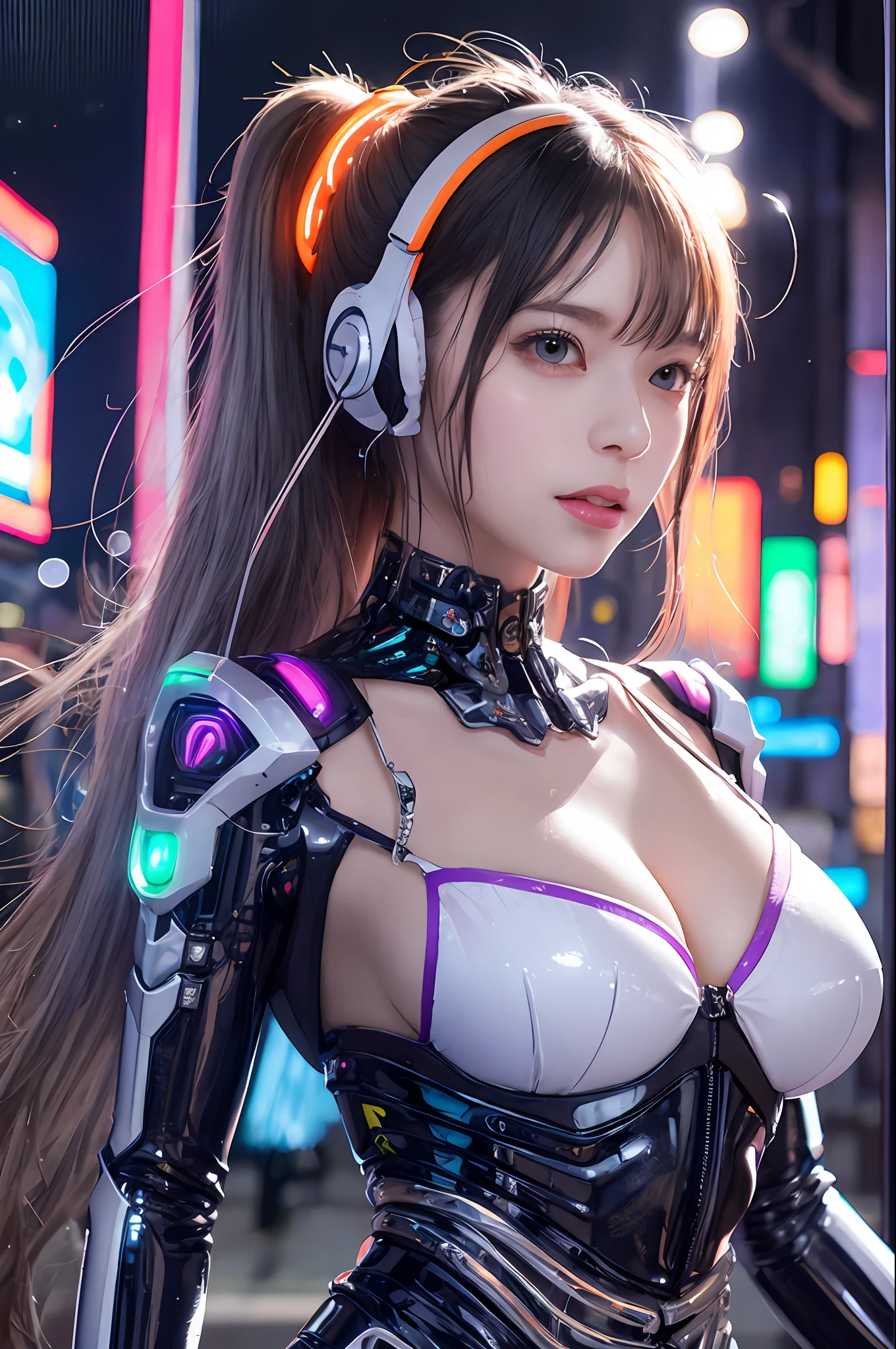 1 girl, Chinese_Clothes, white and orange, White Plastic Cyber Hank Suit、 Cyberpunk City,huge tit、The cleavage is visible、 mech body、Dynamic Pose, glowing headphone, glowing hair accessories, Long hair, glowing earrings, glowing necklace, long straight hair flying messy,a purple eye、 Silver hair, Mechanical body, Hydraulic cylinder、Luminous tube、Glowing LEDs、Futuristic headset、High-tech City, Full of mechanical and futuristic elements, A futuristic, Technology, glowing neon, orange, Orange Light, laser, digital background city sky, Big Moon, Best Quality, masutepiece, 8K, character edge light, Super High Detail, High quality, the most beautiful woman in human beings, background many advertising light boxes