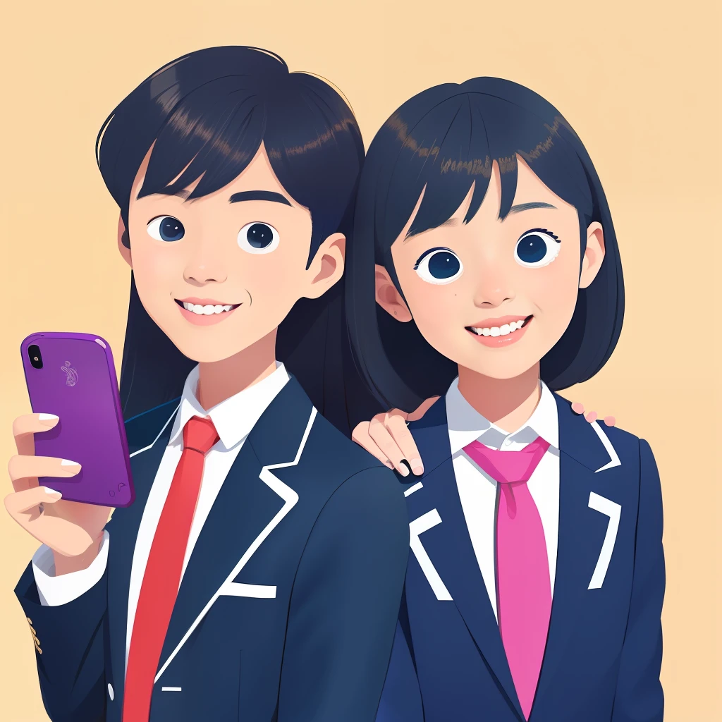 High school boys and high school girls side by side、Two people、both sexes、Front-facing upright pose、holding a smartphon、校服、Dark blue blazer、neck tie、、holding a smartphon、Refreshing、masutepiece, Best Quality,,Illustration,vector illustrations、Mary Blair Style, Best Quality,pop music、、blue-sky、Shoujo manga style、Fashionable、Modern fashion、pop music、A smile、Looking at the camera、 ,Illustration,portraitures、front facing、vector、flats、composition from the waist up、longshot、thick linework、 Margin background、, charming character illustrations, , charming character illustrations,