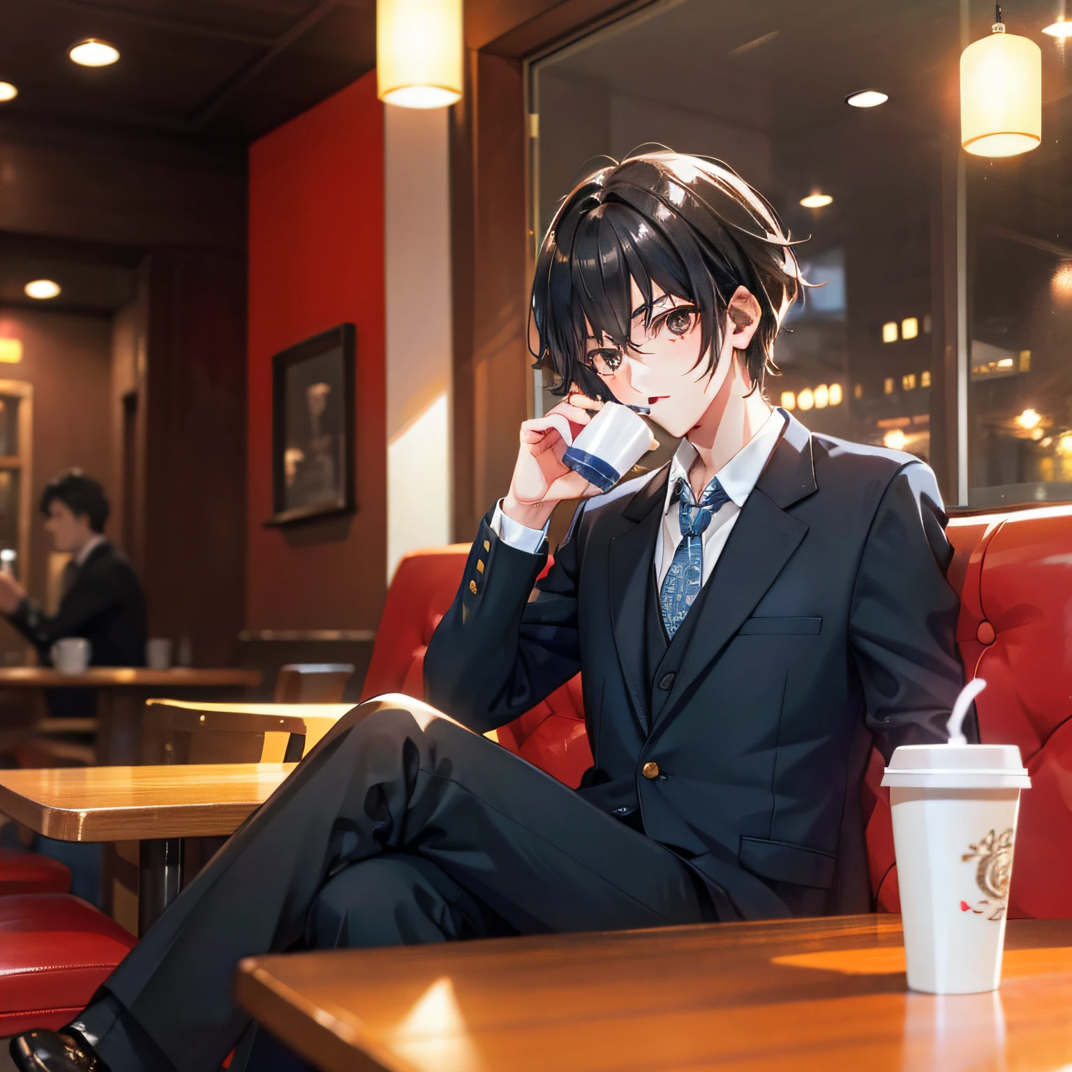 A boy，50yearsold，Three and seven points of short black hair，Brown eyes，dressed in a suit，At the coffee shop，Sit and drink coffee，The expression was dazed