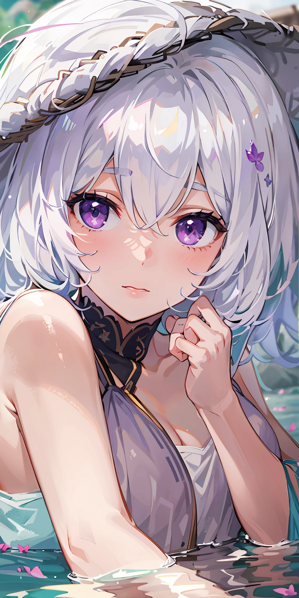 1girl, white hair, purple eyes, portrait, realistic, towel, (onsen), sidelighting, wallpaper, nsfw,