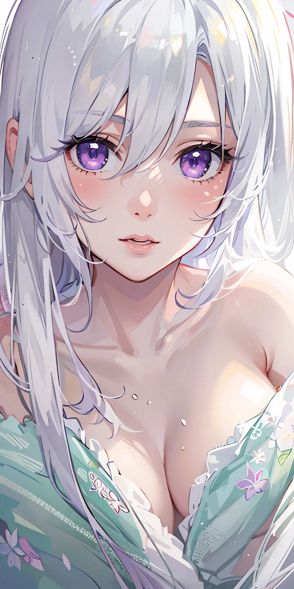 1girl, white hair, purple eyes, portrait, realistic, towel, (onsen), sidelighting, wallpaper, nsfw,