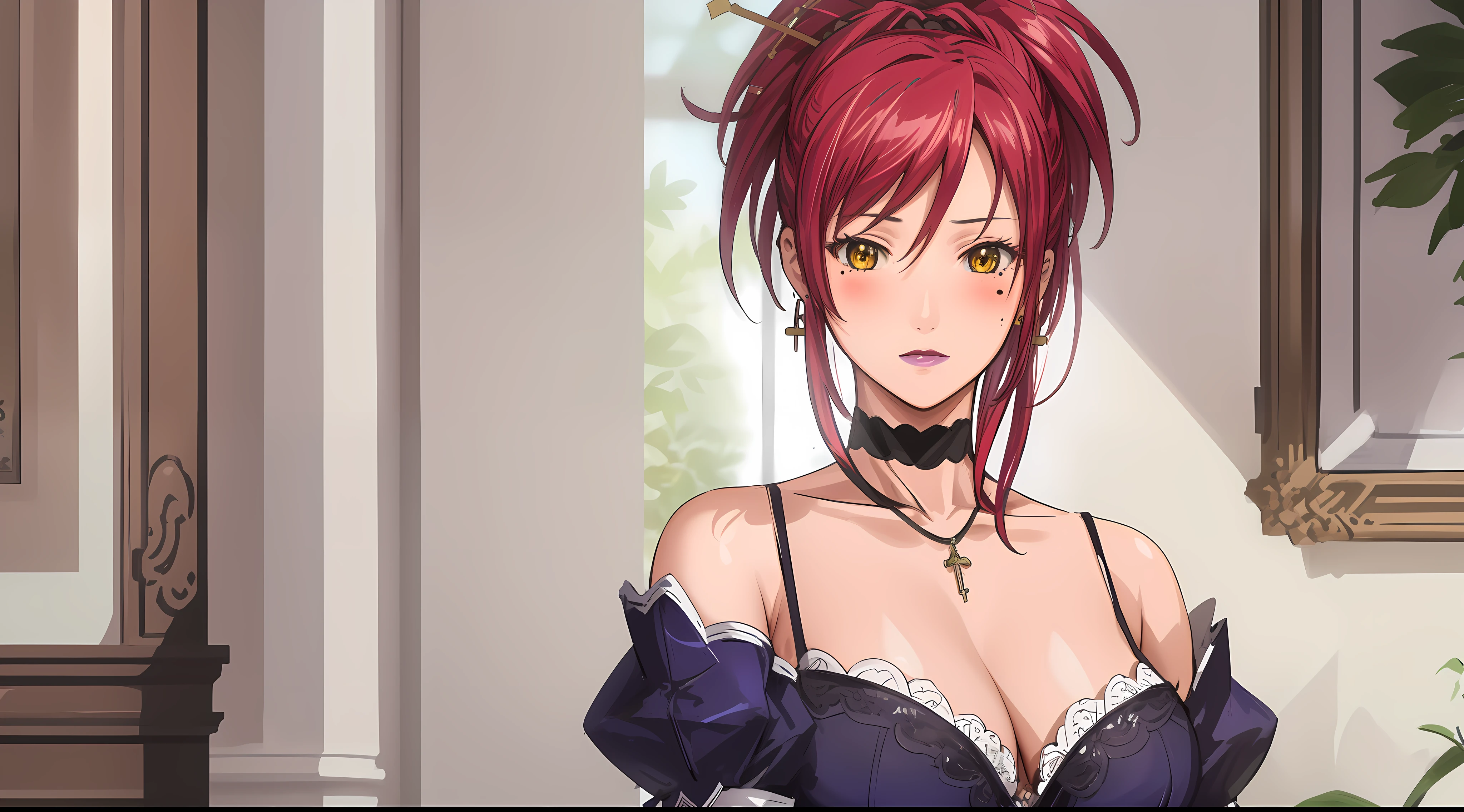 (Masterpiece, Best Quality, High Quality:1.4), professional artwork, Intricate Details, field of view, sharp focus, detailed painting, photorealistic lighting, trending on pixiv, face shot, (vivid lighting, vibrant colors:1.05), realistic shadows, ambient occlusion,
Marie Mamiya, mature female, milf, solo, (curvy:1.1), luxury room, (half body shot:1.1),
(red hair:1.05), hair ornament, lipstick, makeup, (mole under eye:0.9), choker, ultra detail hair, ultra detail face, (yellow glowing eyes:1.05), perfect eyes, perfect face, perfect retina, earrings, (seductive look, blush:1.15),
(main dress:1.4), choker, bare shoulders, necklace, fingernails,
(Large Breasts:1.15), Cleavage,