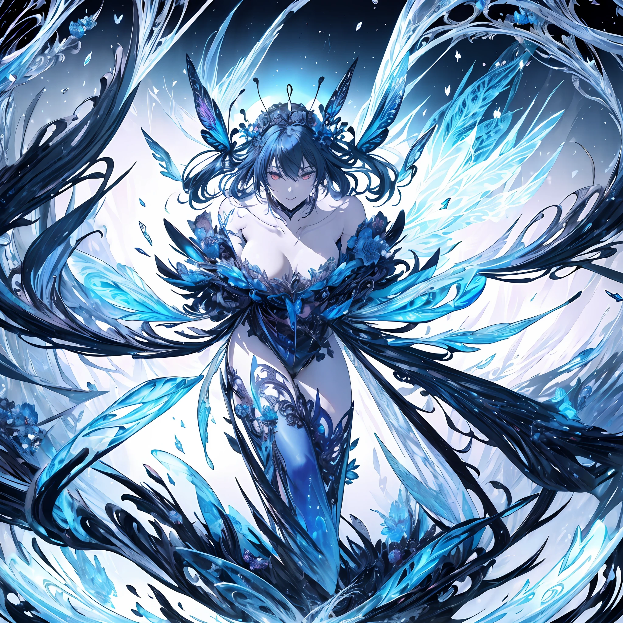 (Legendary goddess), Crane, (A Divine Goddess), Dynamic Body Type, Goddess with Butterfly Wings, glowing eyes, Butterfly wings, Monster, Handsome, Splashed Ink, ((Full Body)), ((2D)), Delicate Silhouette, Ice Elemental, Fantasy Art, (Black and Blue Antique Brocade Hanfu), FOV, (Masterpiece), Front Shot, Side Portrait, White Background, (Movie Poster), Sharp, Splash, Petals, Empty, Sky, (Wide Angle Lens), Vista, highly detailed, shadowverse style