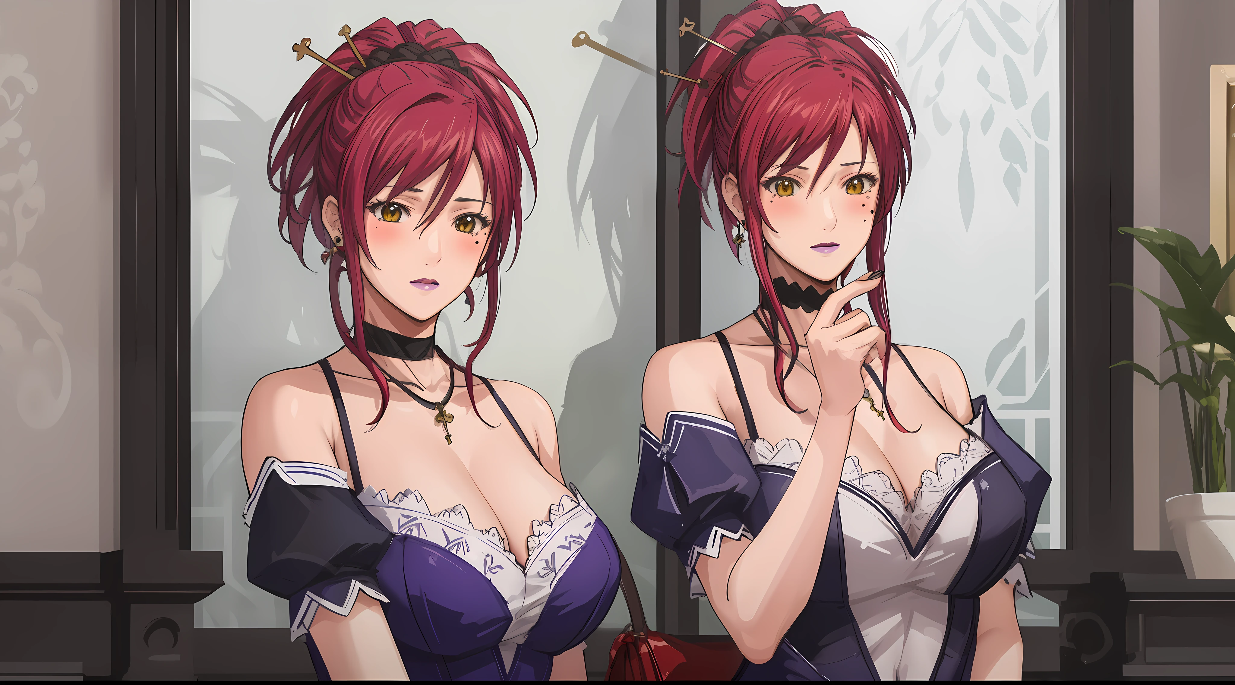 (Masterpiece, Best Quality, High Quality:1.4), professional artwork, Intricate Details, field of view, sharp focus, detailed painting, photorealistic lighting, trending on pixiv, face shot, (vivid lighting, vibrant colors:1.05), realistic shadows, ambient occlusion,
Marie Mamiya, mature female, milf, solo, (curvy:1.1), luxury room, (half body shot:1.1),
(red hair:1.05), hair ornament, lipstick, makeup, (mole under eye:0.9), choker, ultra detail hair, ultra detail face, (yellow glowing eyes:1.05), perfect eyes, perfect face, perfect retina, earrings, (seductive look, blush:1.15),
(main dress:1.4), choker, bare shoulders, necklace, fingernails,
(Large Breasts:1.15), Cleavage,