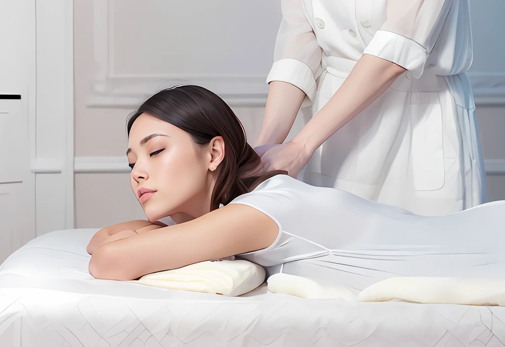 One lady,Lying on a white mattress,Do a massage,Pinch the shoulders,Fine face,Clear facial features,With his eyes closed,Black hair,white clothes,high-definition picture quality,rich details,Realiy,photorealestic,