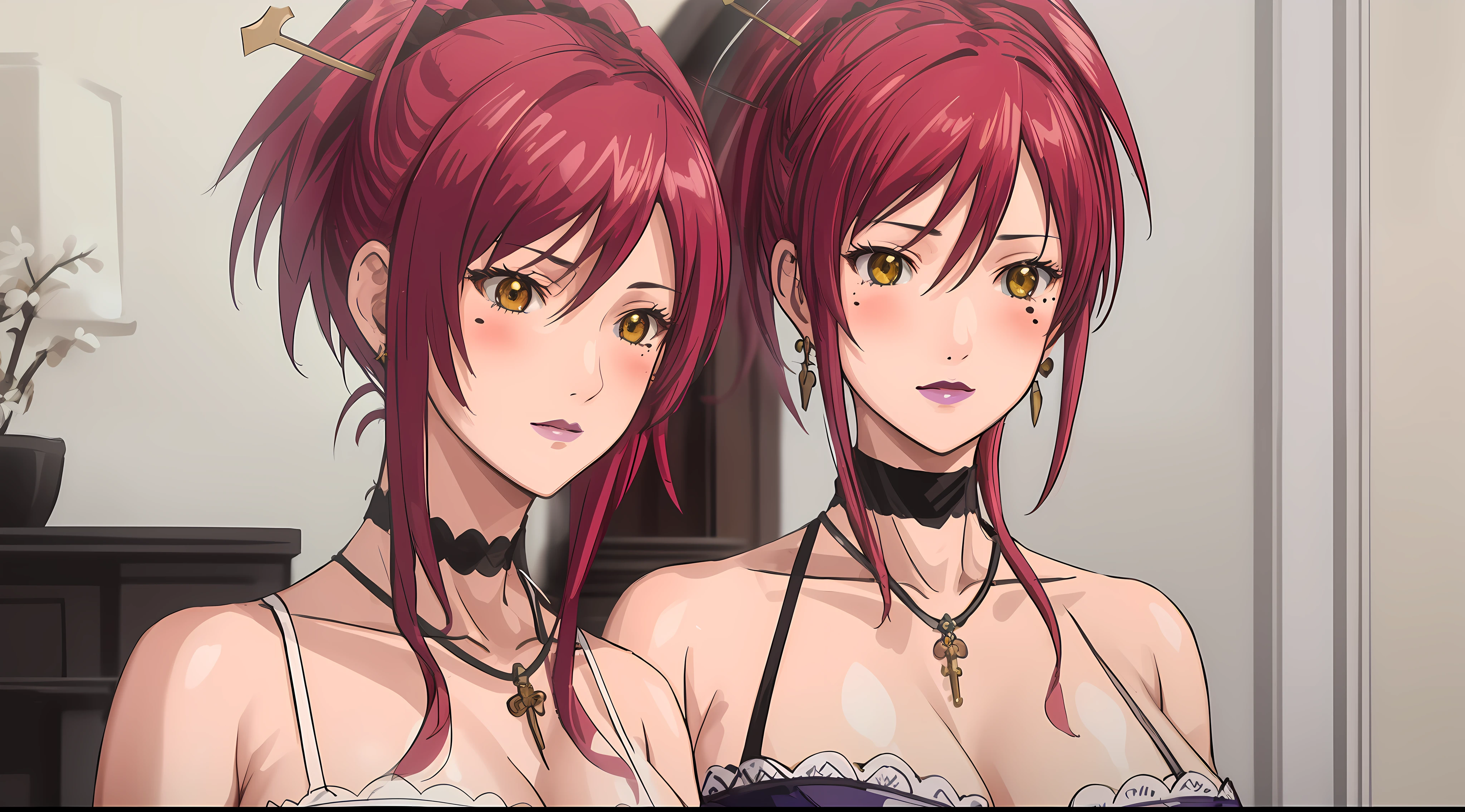 (Masterpiece, Best Quality, High Quality:1.4), professional artwork, Intricate Details, field of view, sharp focus, detailed painting, photorealistic lighting, trending on pixiv, face shot, (vivid lighting, vibrant colors:1.05), realistic shadows, ambient occlusion,
Marie Mamiya, mature female, milf, solo, (curvy:1.1), luxury room, (half body shot:1.1),
(red hair:1.05), hair ornament, lipstick, makeup, (mole under eye:0.9), choker, ultra detail hair, ultra detail face, (yellow glowing eyes:1.05), perfect eyes, perfect face, perfect retina, earrings, (seductive look, blush:1.15),
(main dress:1.4), choker, bare shoulders, necklace, fingernails,
(Large Breasts:1.15), Cleavage,