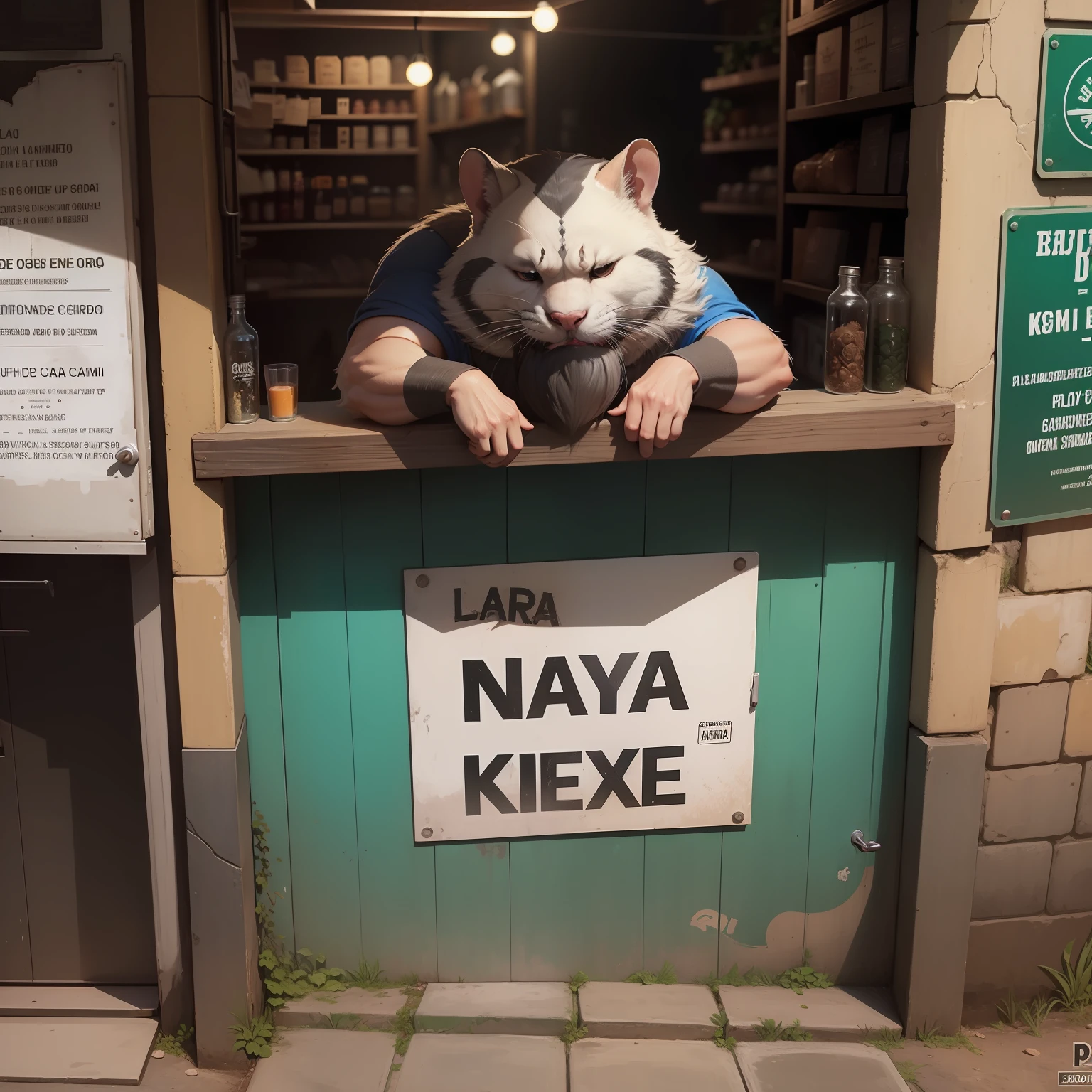 cara todo barbudo segurando uma placa, e nele ta escrito, me ajude ! esta em um beco na cidade, do lado tem uma lixeira e ratos por toda parte !